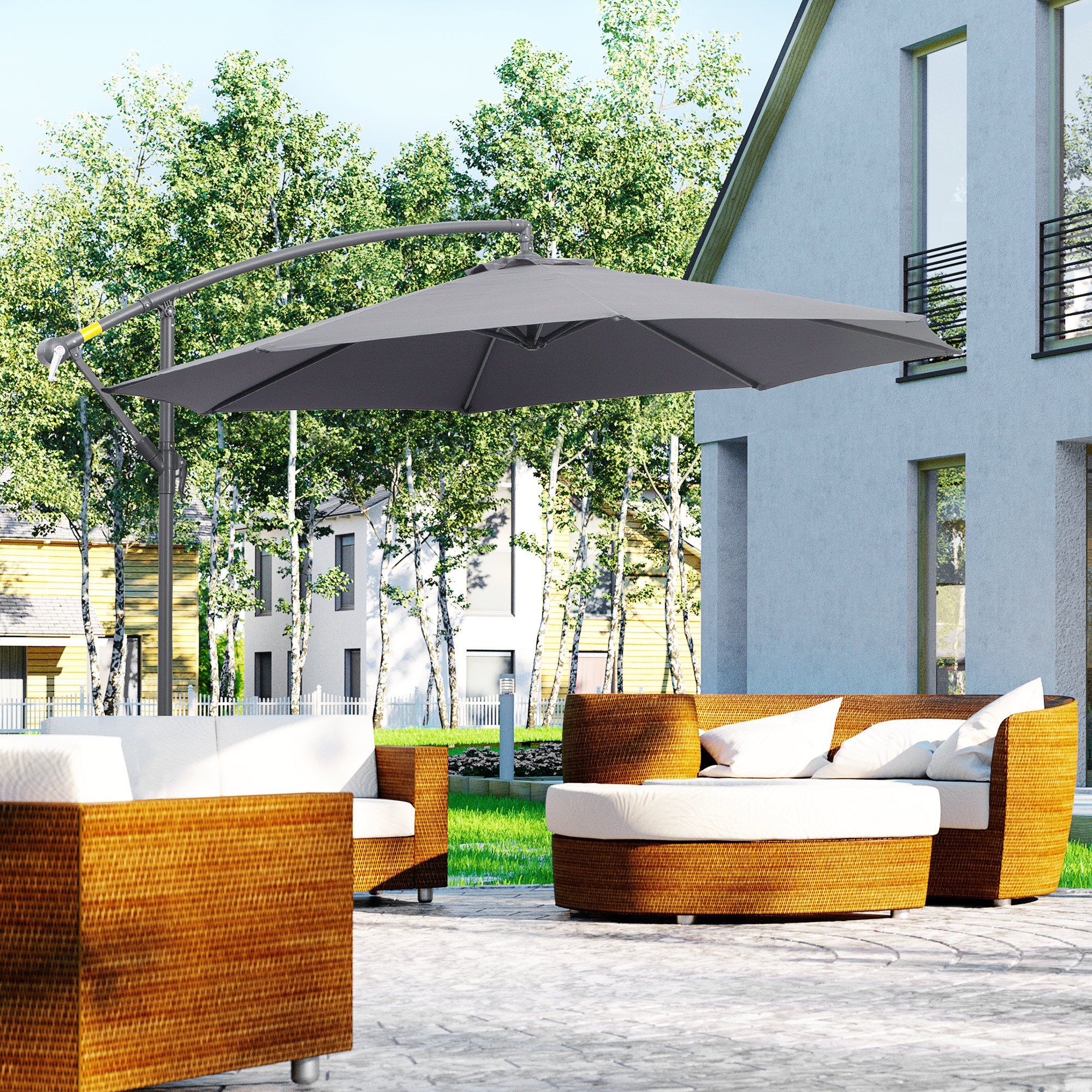 Outsunny Φ10' Deluxe Patio Umbrella Outdoor Market Parasol Banana Hanging Offset Sunshade Crank Cross Base Grey