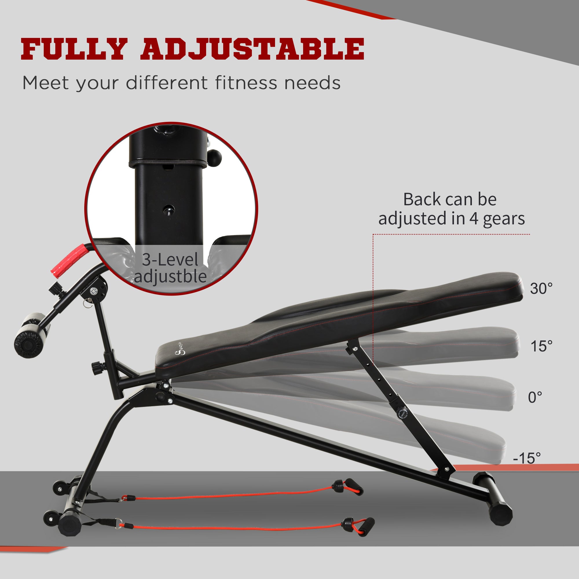 Soozier Foldable Sit Up Bench with Resistant Bands, Decline Slant Bench with 4 Adjustable Height, Reverse Crunch Handle, Strength Training Workout Bench