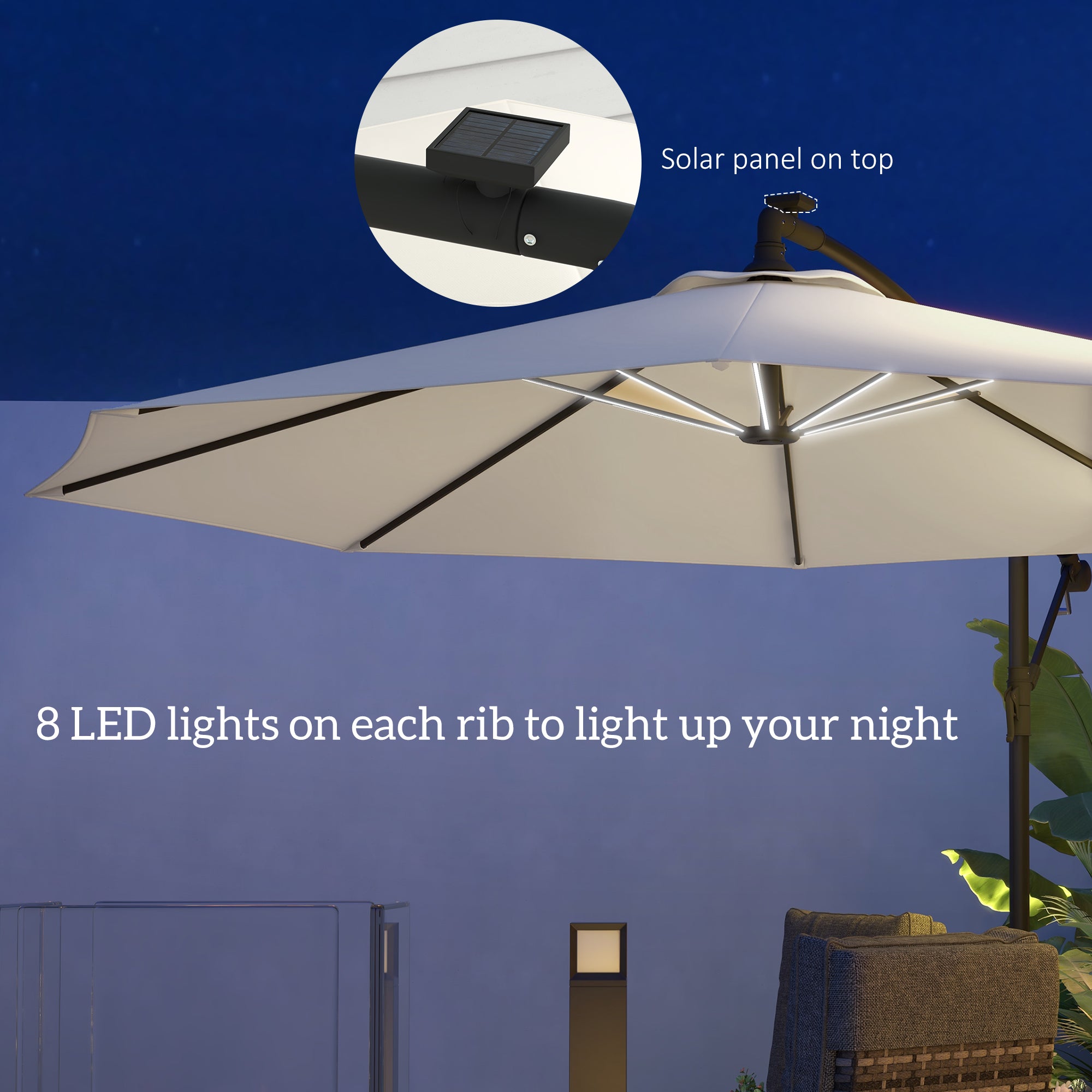 Outsunny 10ft Outdoor Cantilever Hanging Offset Umbrella with Solar LED Lights, Crank, Cross Base, Aluminum Frame, Beige