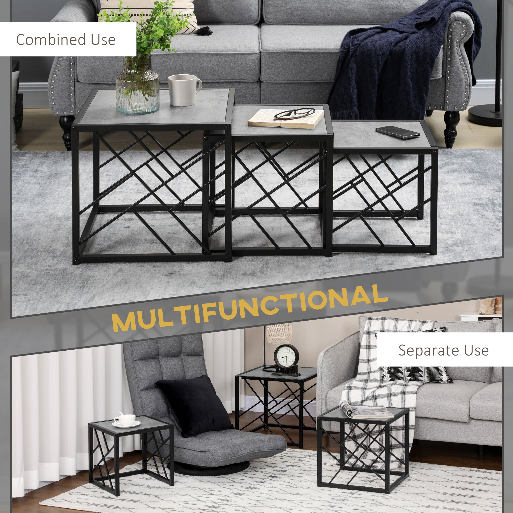 HOMCOM Nest of Tables Set of 3, Square Coffee Table Set with Metal Frame for Living Room, Bedroom, Grey