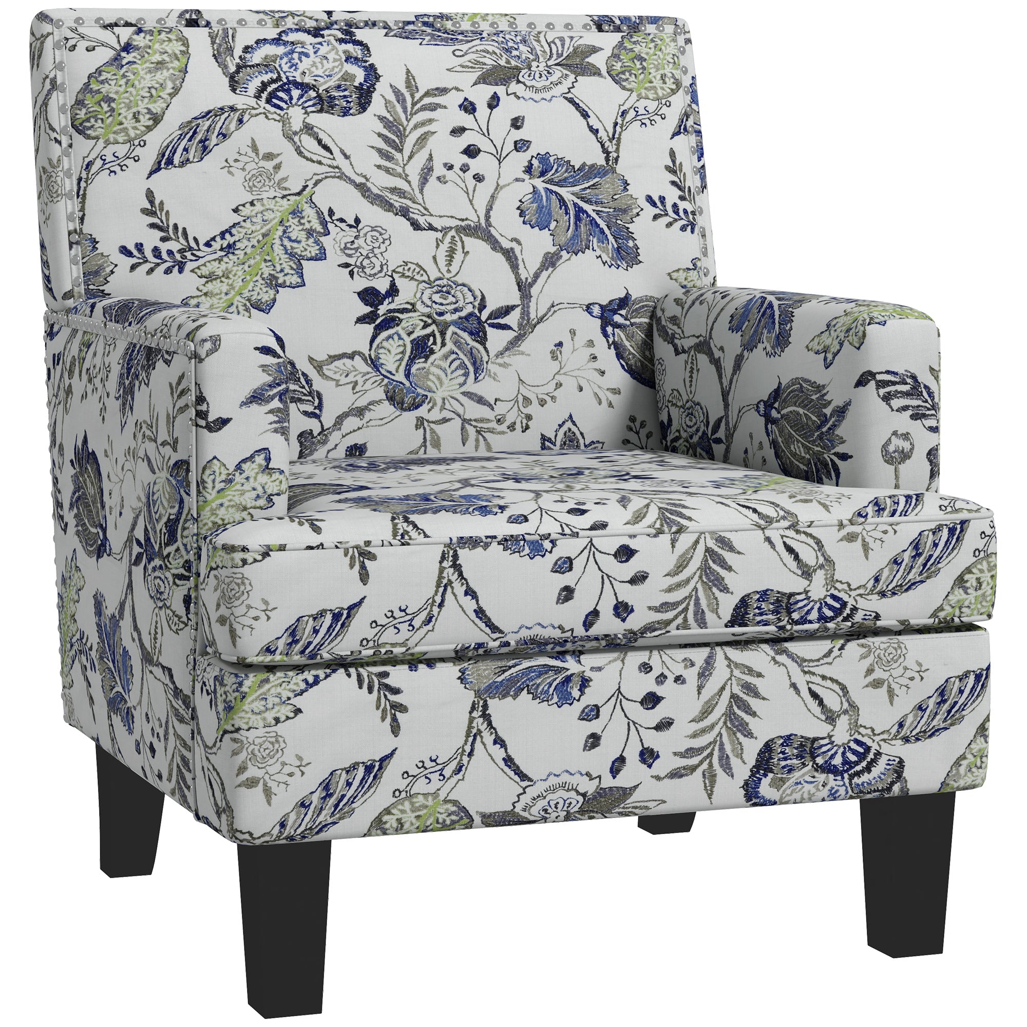 HOMCOM Upholstered Armchair, Mid-Century Accent Chair with Floral Pattern, Nailhead Trim for Living Room, Bedroom, Multicolour