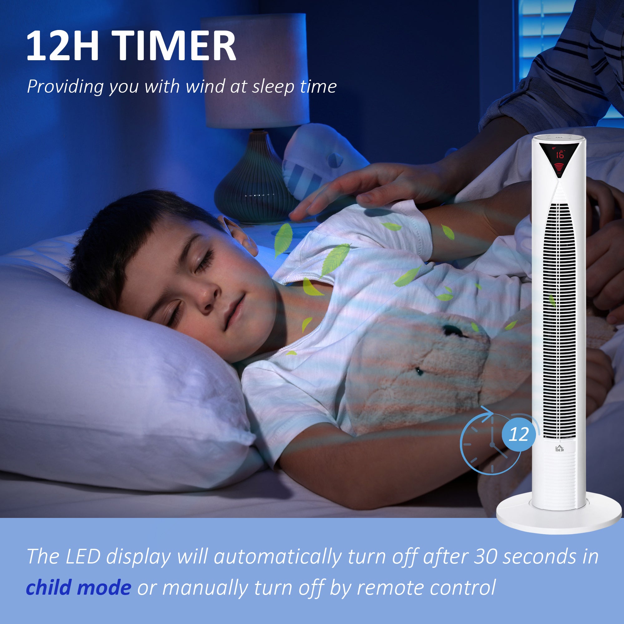 HOMCOM Freestanding Tower Fan Cooling for Home Bedroom with 3 Speed, 12h Timer, Oscillating, LED Sensor Panel, Remote Controller, White
