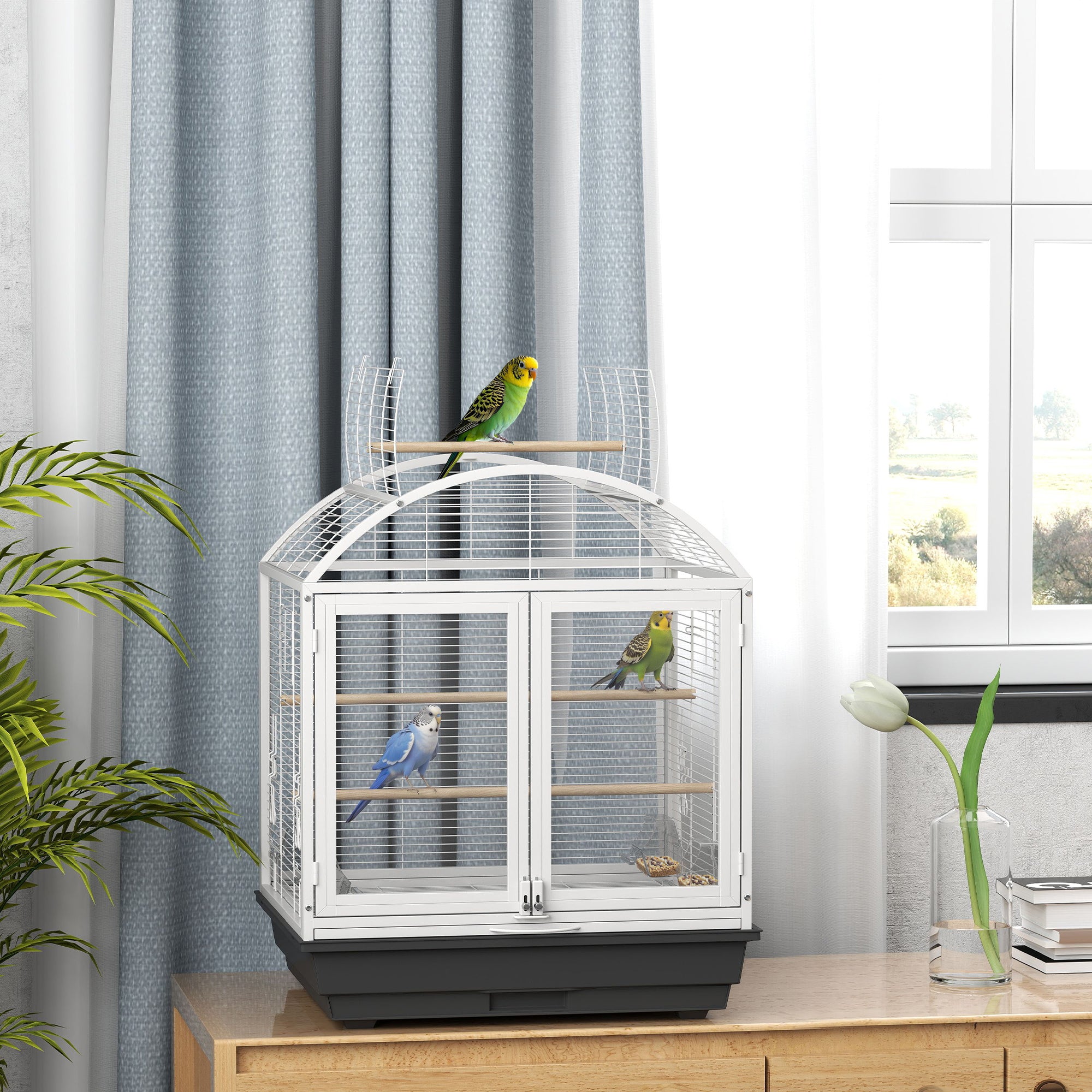 PawHut 30 Inch Open Top Bird Cage with Rolling Stand, Removable Tray, Food Container for Medium Small Bird, Finches, Dark Grey
