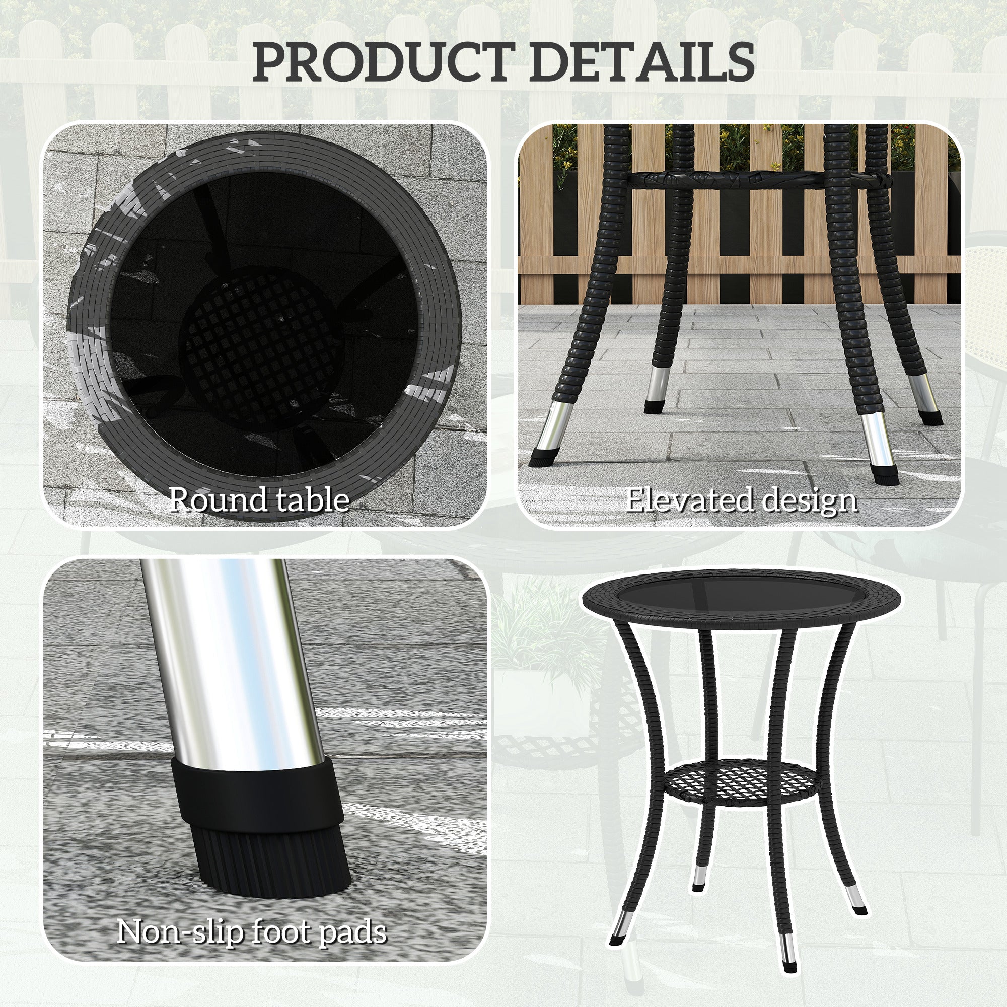 Outsunny Outdoor Rattan Dining Table, Patio Wicker Round Coffee Table with 2-Tier Storage Shelf, Black