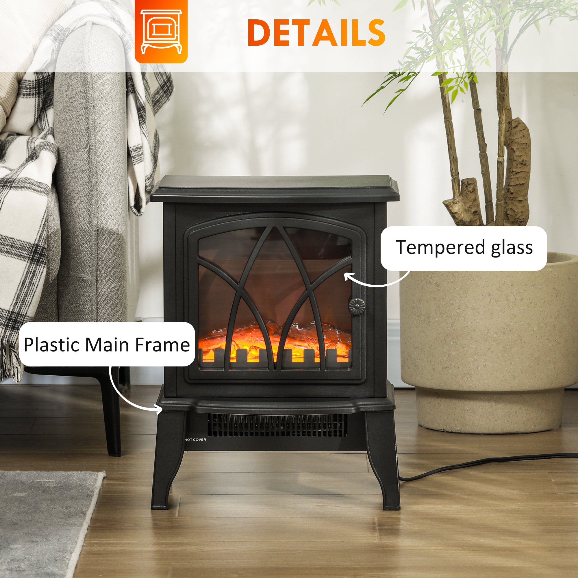 HOMCOM Electric Fireplace Heater, Freestanding Fireplace Stove with Realistic Flame and Overheat Protection, 750W/1500W, Black
