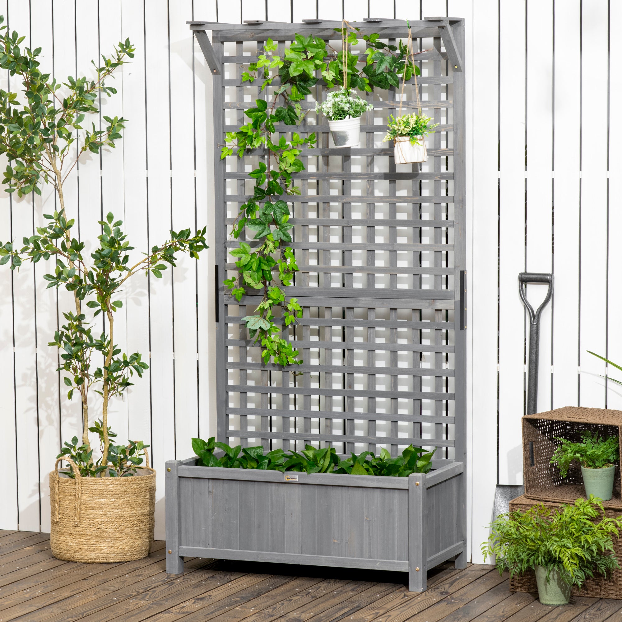Outsunny Wood Planter with Trellis for Vine Climbing, Raised Garden Bed, Privacy Screen for Backyard, Patio, Deck, Dark Grey