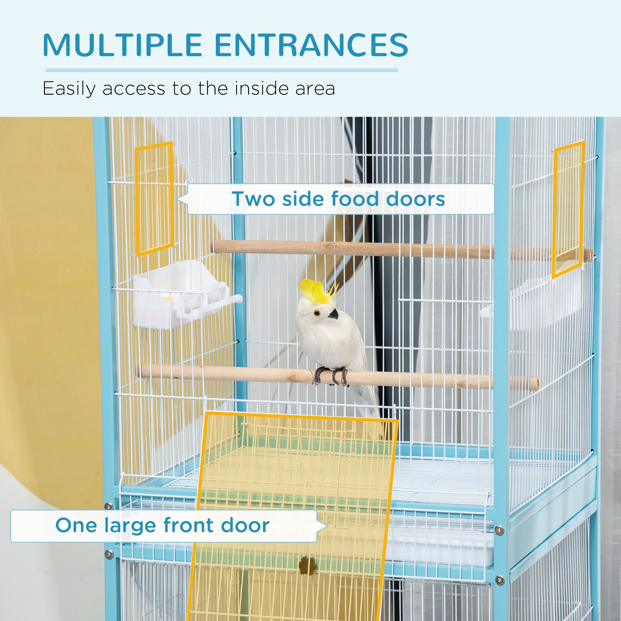 PawHut 55.1" 2 In 1 Bird Cage Aviary Parakeet House for finches, budgies with Wheels, Slide-out Trays, Wood Perch, Food Containers, Light Blue