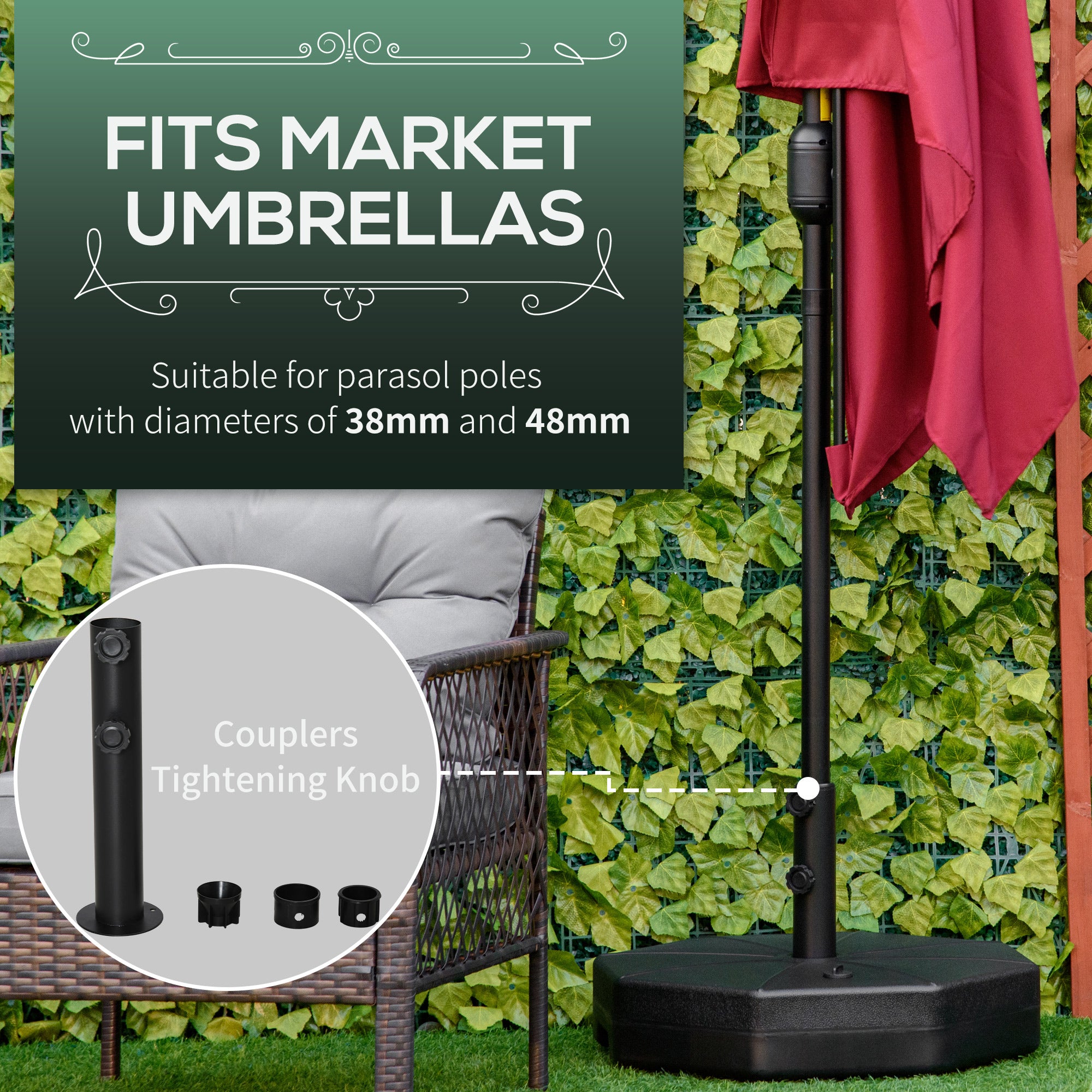 Outsunny Patio Umbrella Base Parasol Holder Outdoor Market Umbrella Stand Weights, Water/Sand Filled for Garden, Poolside, Black