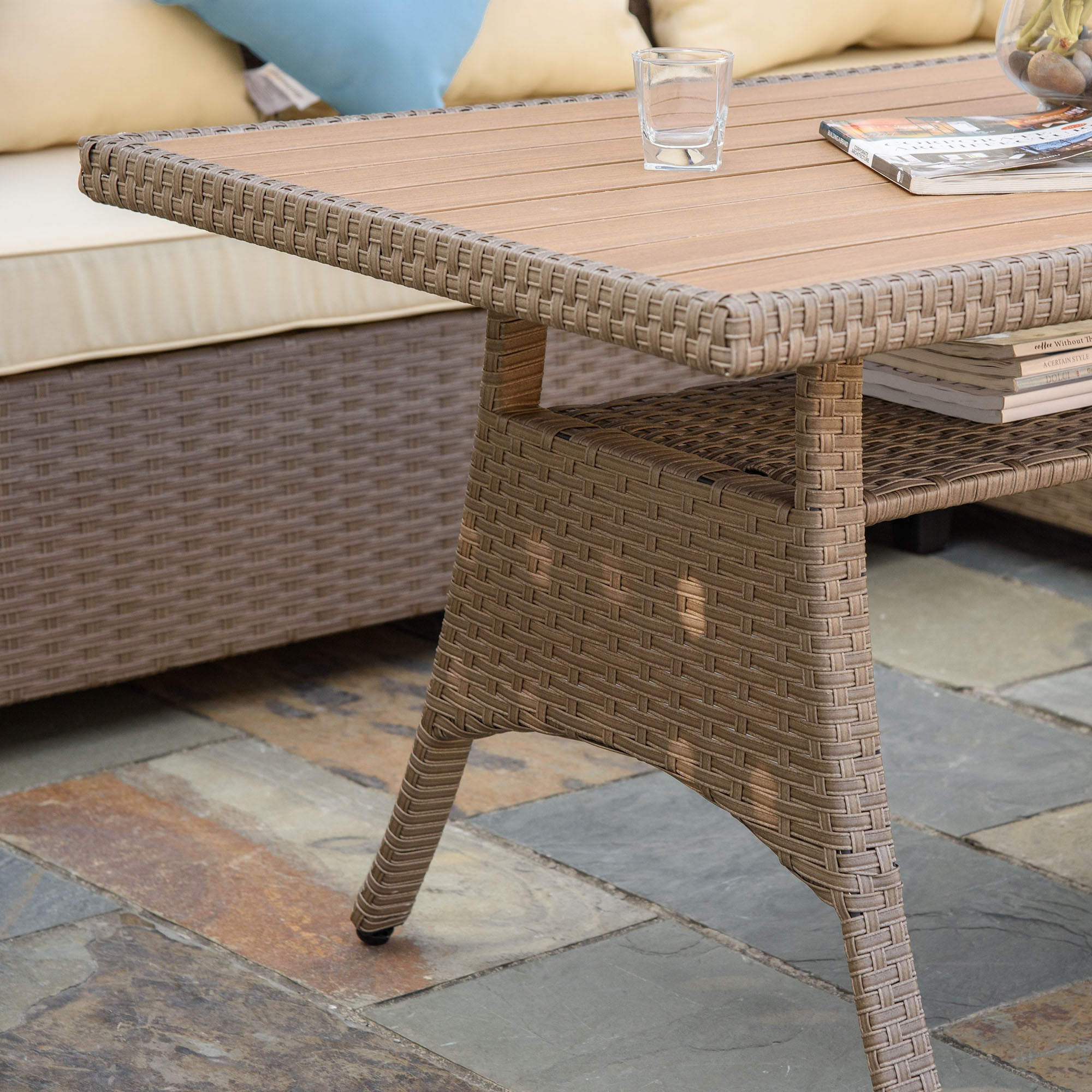 Outsunny 6 Pieces Patio Furniture Set, Outdoor Wicker Sofa Set, All Weather PE Rattan Conversation Furniture, with Strip Wood Grain Plastic Coffee Table & Cushions, Khaki