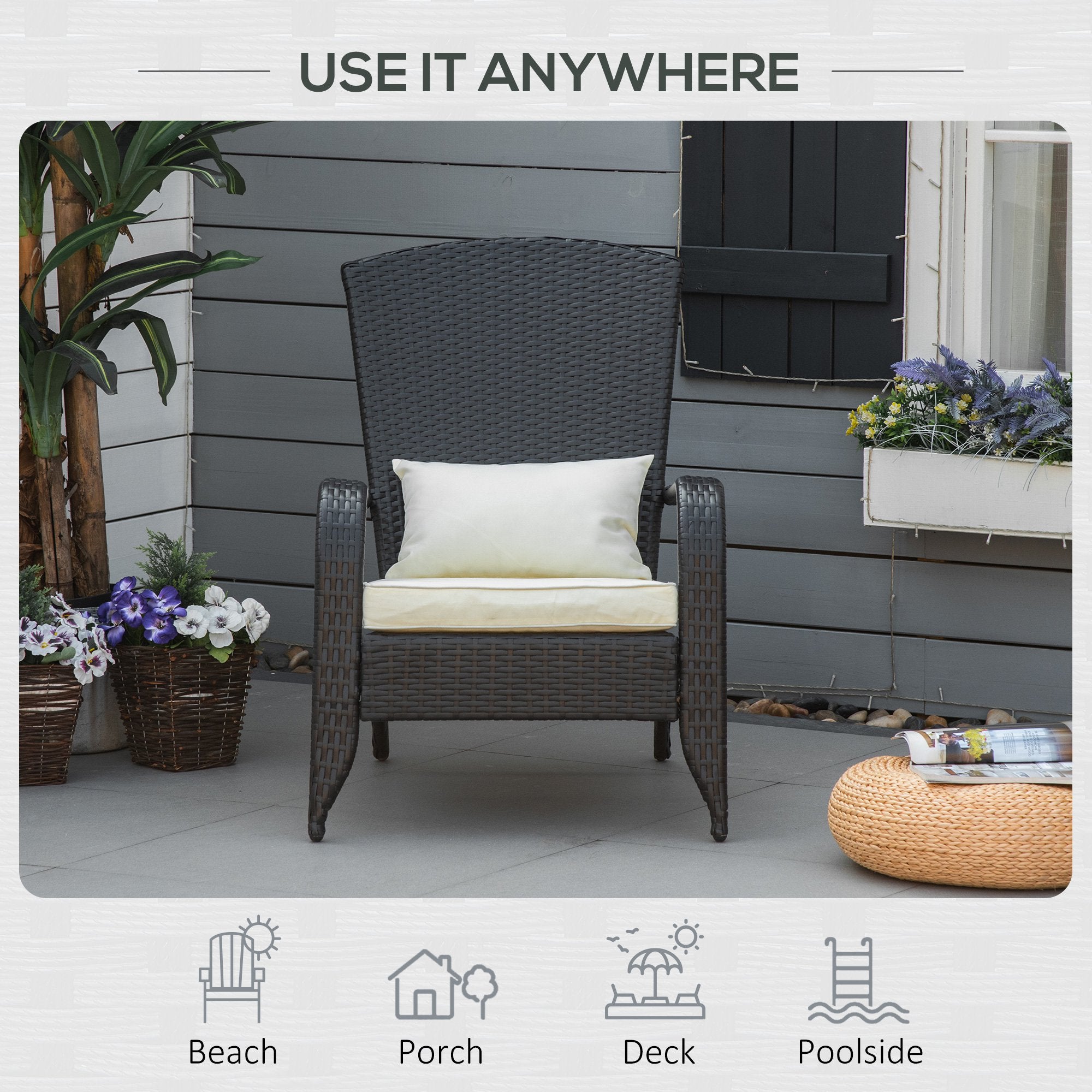 Outsunny Patio Wicker Adirondack Chair, PE Rattan Outdoor Muskoka Chair, Fire Pit Chair with Cushions for Patio, Garden, Backyard, Poolside, Balcony, Deck, Beige