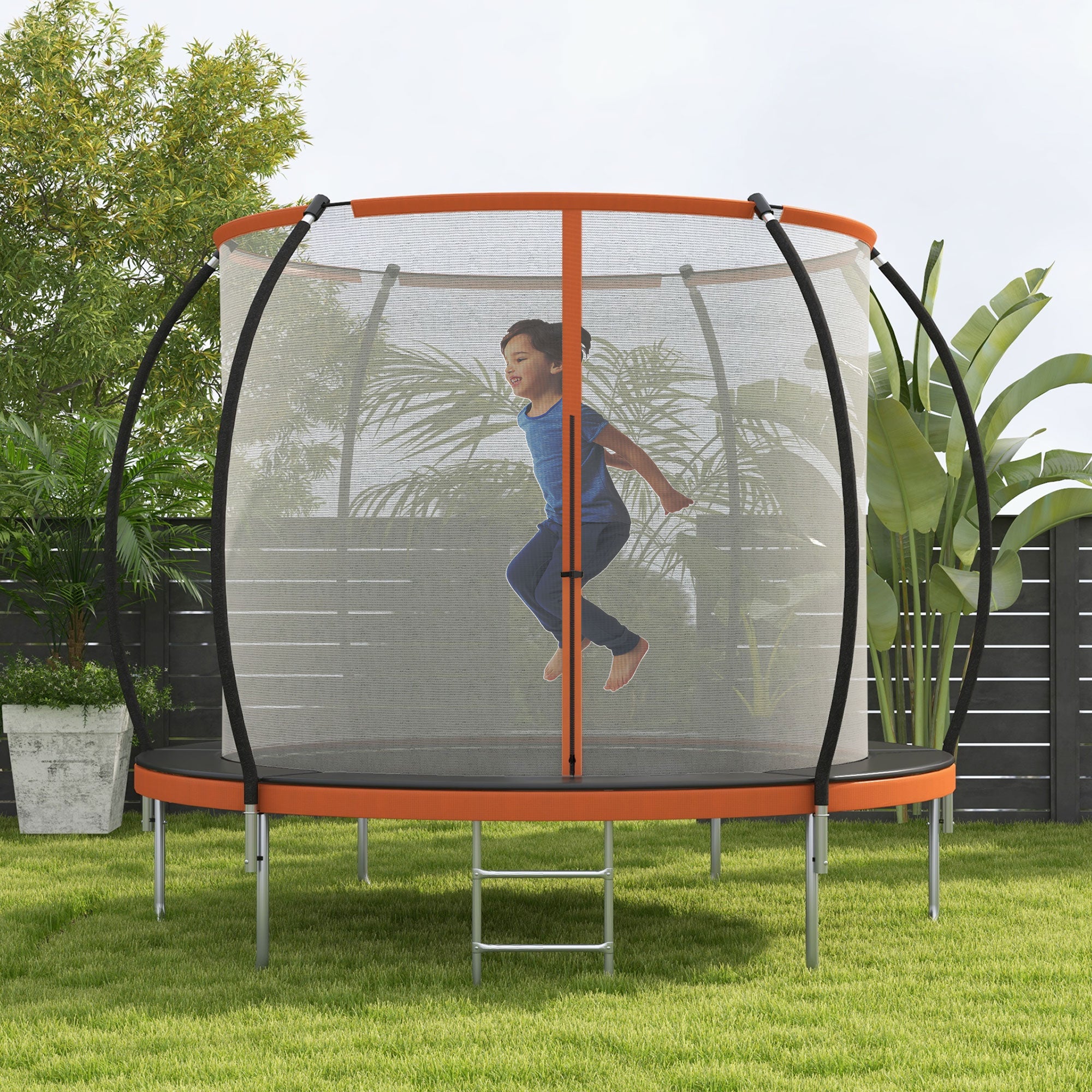 Soozier 8ft Outdoor Trampoline with Enclosure Net and Ladder, Backyard Fitness Trampoline for Teens and Adults