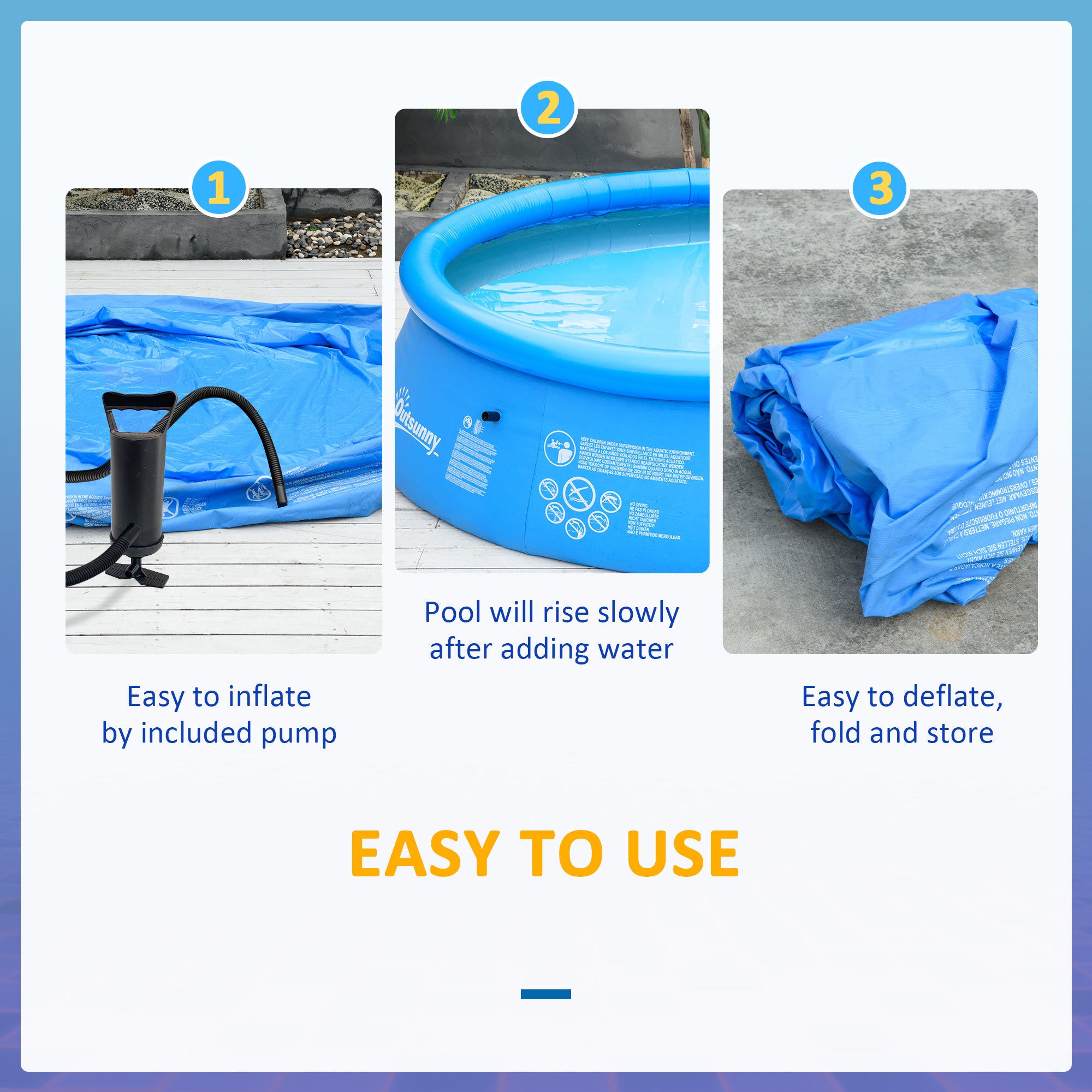 Outsunny Inflatable Swimming Pool Family-Sized Blow Up Pool Round Paddling Pool with Hand Pump for Kids, Adults, Outdoor, Garden and Backyard, 107" x 30", Blue