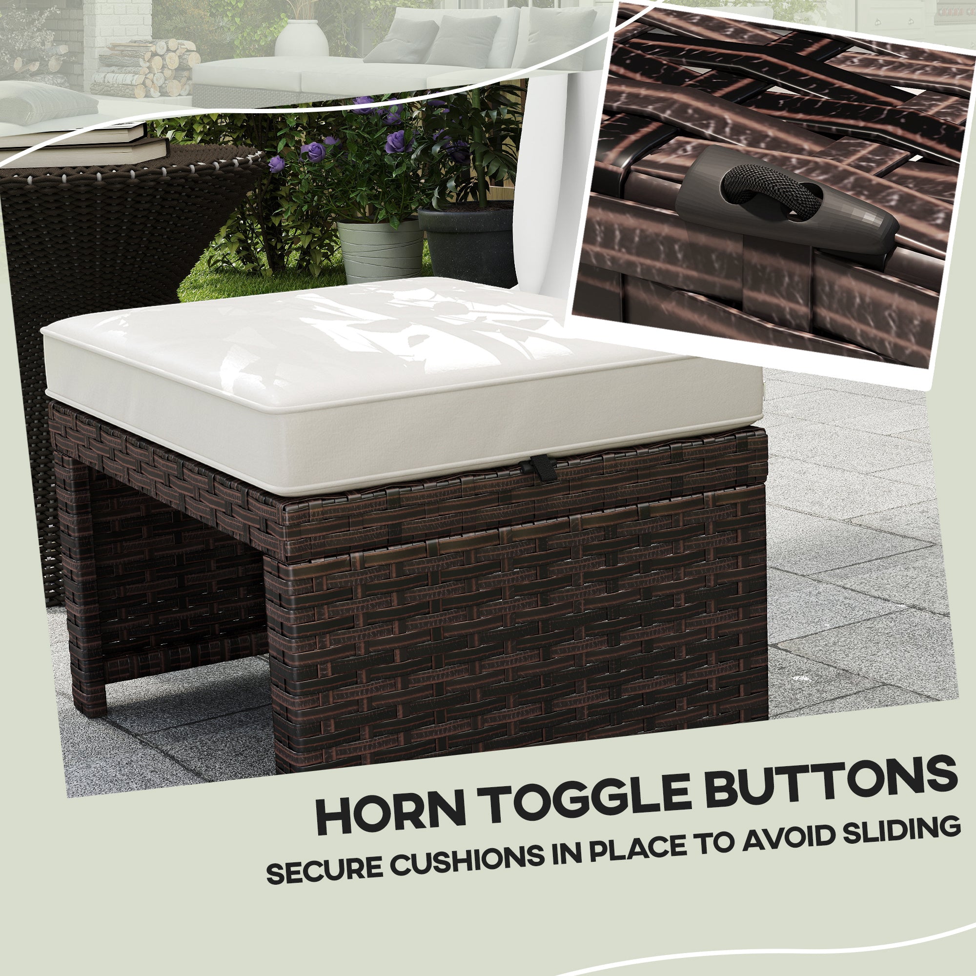 Outsunny 2 Pieces Wicker Outdoor Ottomans with Removable Cushions, Rattan Outdoor Seating, Footrest and Side Table, Khaki