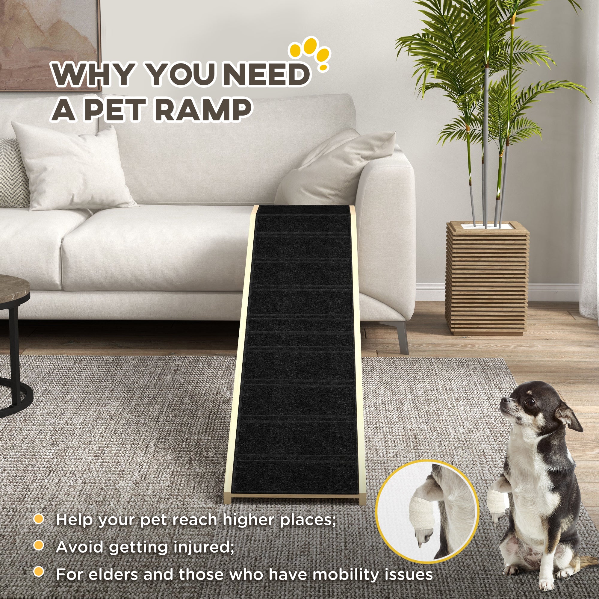 PawHut Pet Ramp Bed Steps for Dogs Cats Non-slip Carpet 74"L x 16"W x 25"H Natural