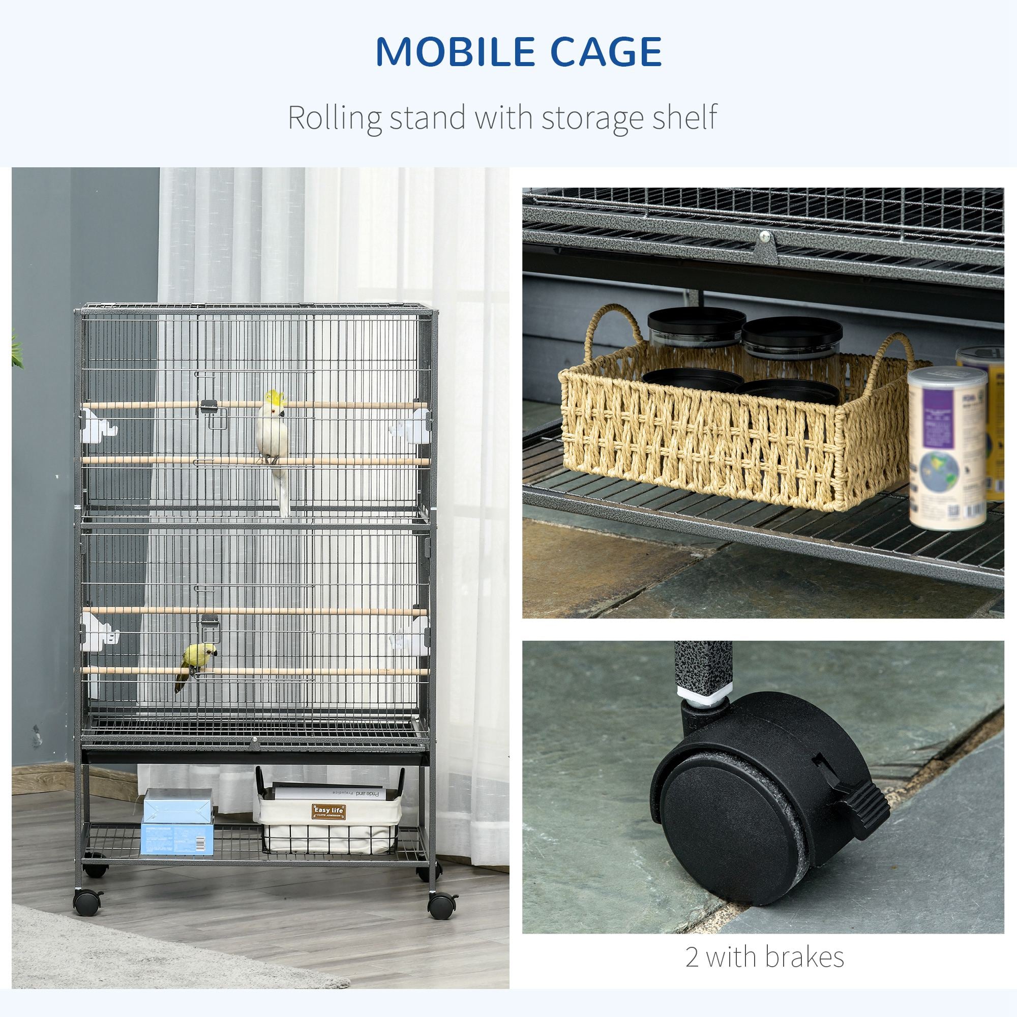 PawHut 52'' Large Rolling Steel Bird Cage Bird House with Rolling Stand, Storage Shelf, Wood Perch, Food Container, Dark Grey