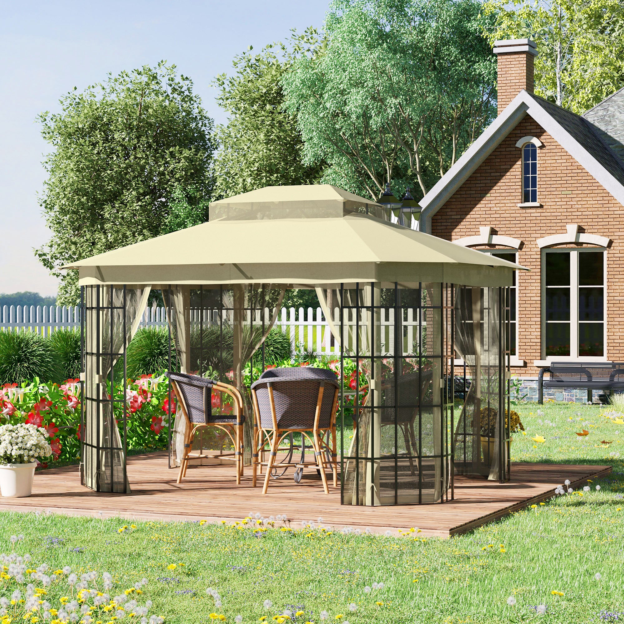 Outsunny 12'x10' Soft-top Patio Gazebo Canopy Steel Gazebo with Double Vented Roof, Mosquito Netting, Beige