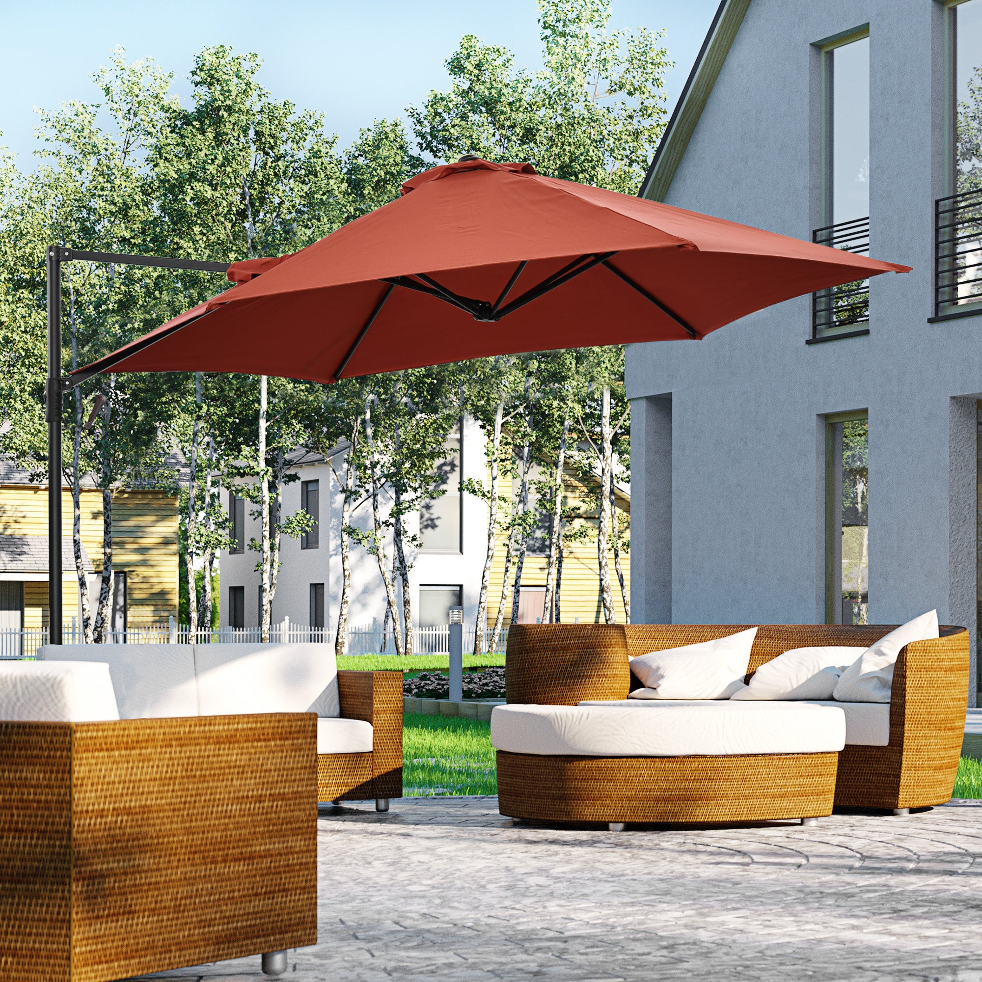 Outsunny 8.5FT Offset Patio Umbrella with 360° Rotation, Outdoor Cantilever Roma Parasol Hanging Sun Shade Canopy Shelter with Cross Base, Wine Red