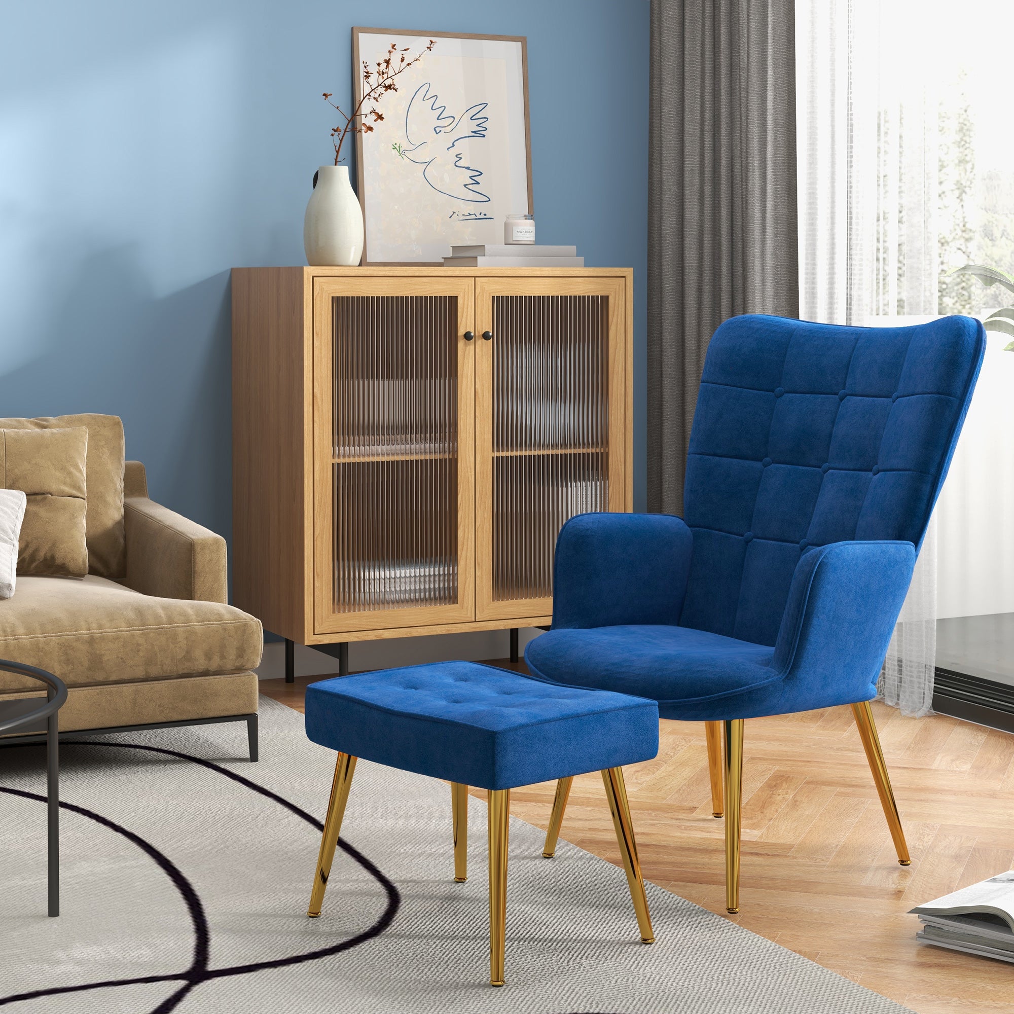 HOMCOM Modern Accent Chair with Footrest, Gold Metal Legs for Living Room & Bedroom - Dark Blue Upholstered Armchair