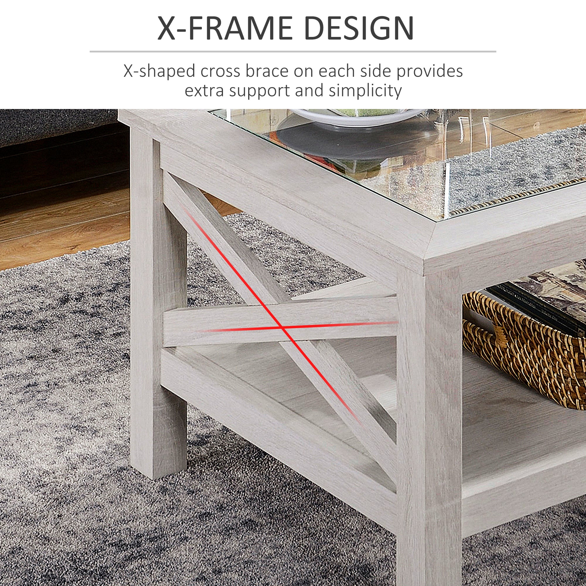 HOMCOM Farmhouse Coffee Table with Tempered Glass Table Top, 2-tier Center Table with Bottom Storage Shelf for Living Room, Bedroom