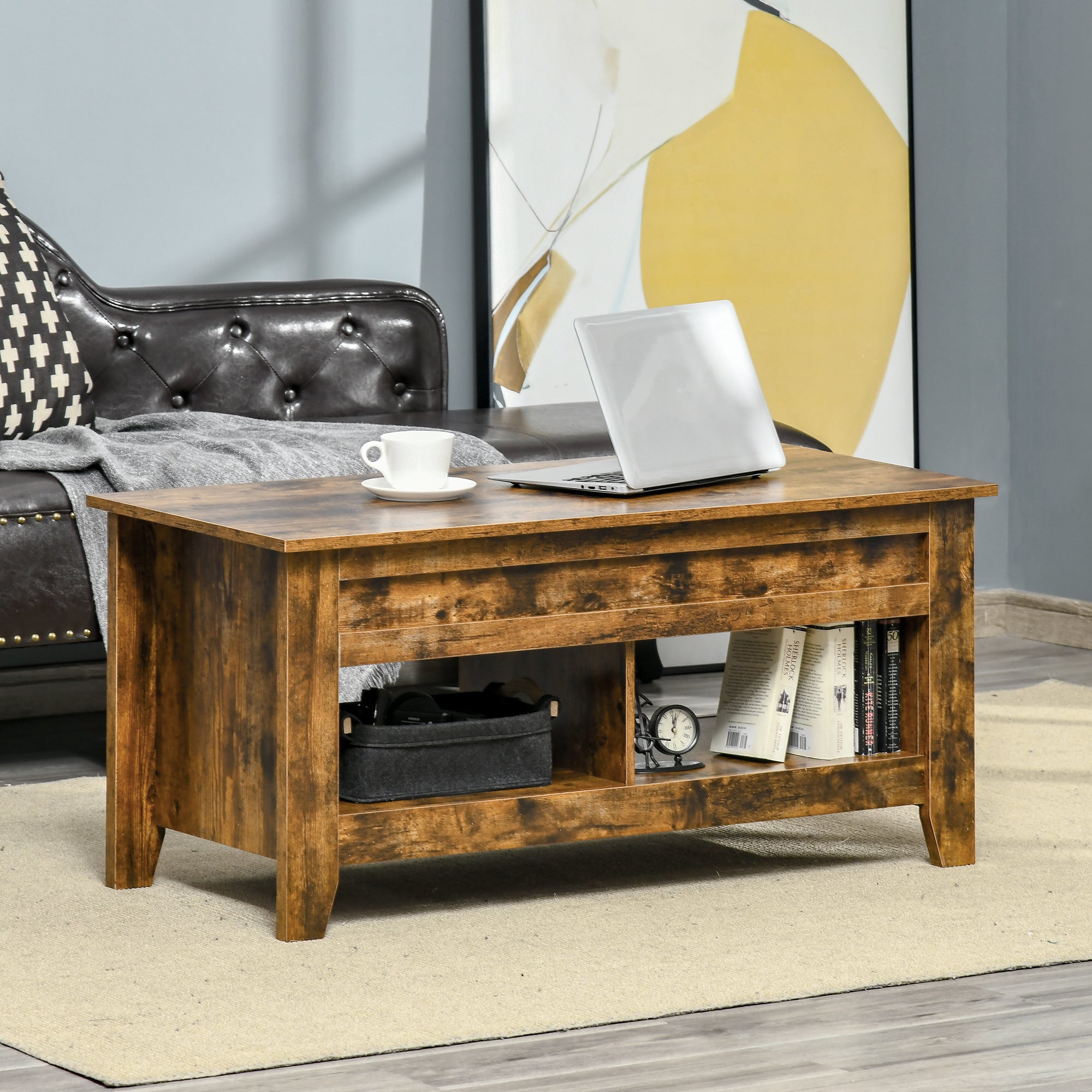 HOMCOM Lift Top Coffee Table with Hidden Storage Compartment and Open Shelves, Lift Tabletop Pop-Up Center Table for Living Room, Brown