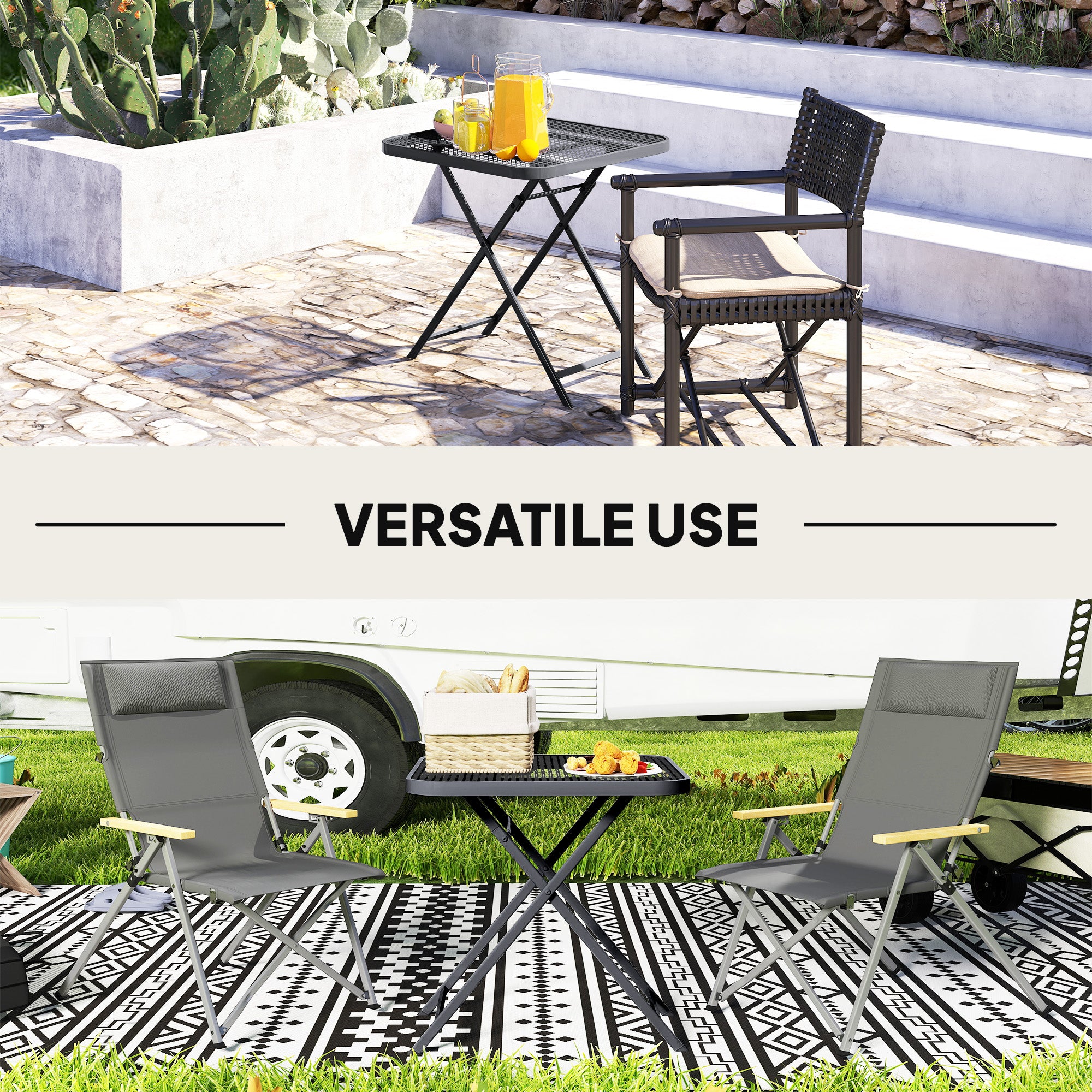 Outsunny 27.5" Square Outdoor Patio Table, Outdoor Folding Table with Grid Rattan-Like Top for Camping, Picnic, Black