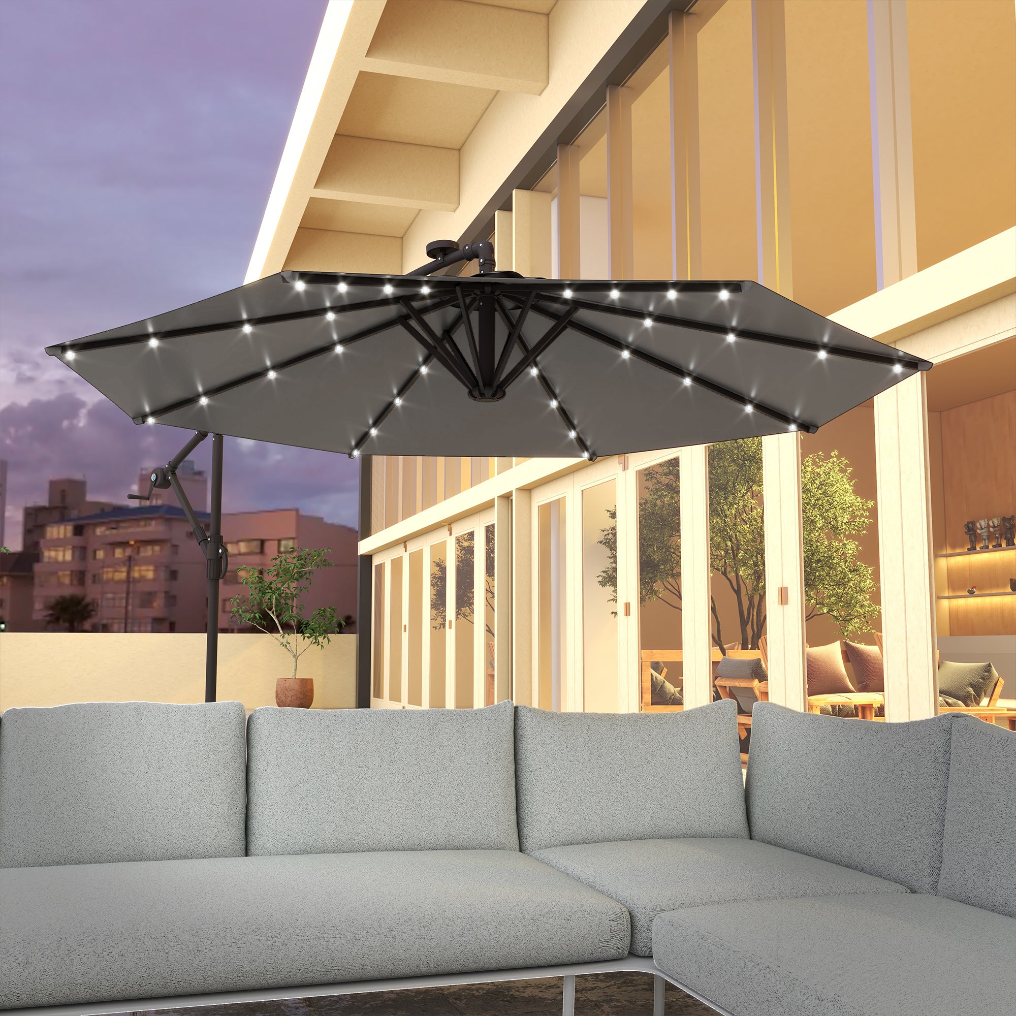 Outsunny 9.5' Offset Patio Umbrella Garden Parasol with Solar LED Lights and Weights, Dark Grey