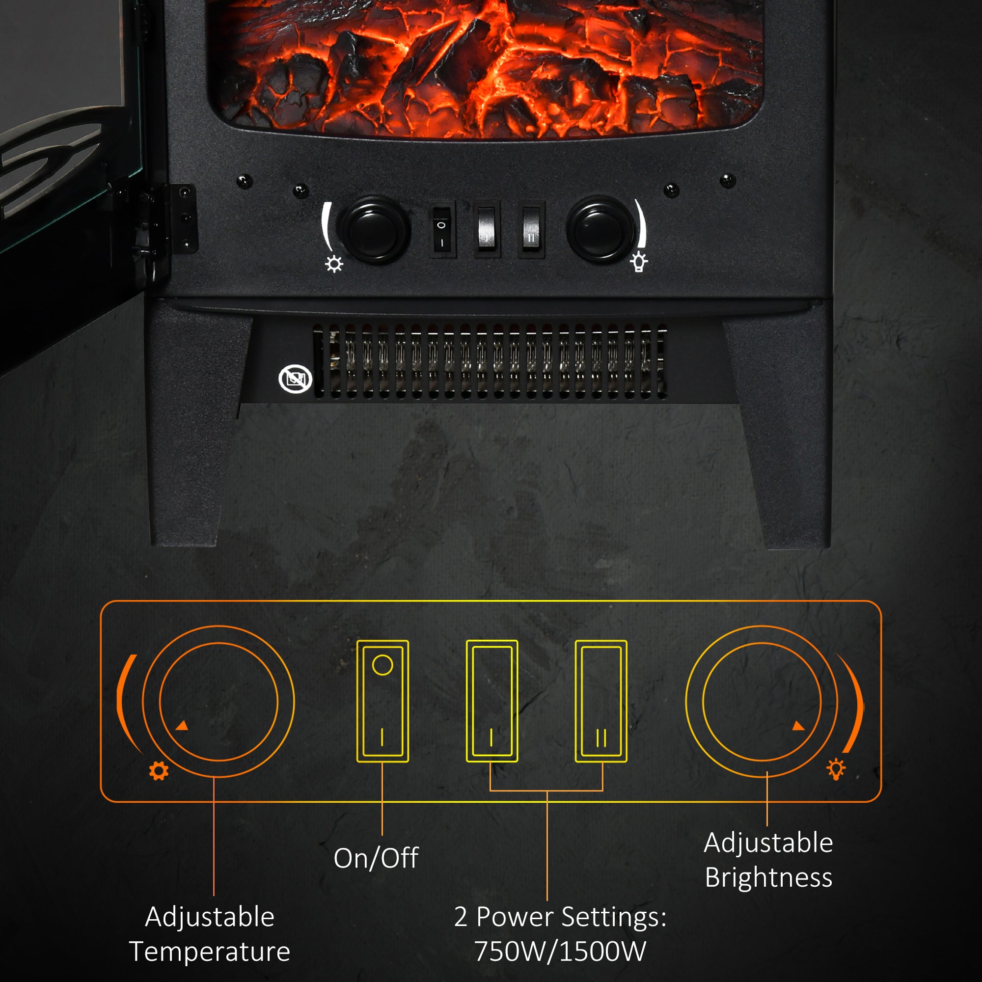 HOMCOM Electric Fireplace Heater, Freestanding Fireplace Stove with Realistic Adjustable Flame Effect and Adjustable Temperature, Overheating Safety Protection, 750W/1500W, Black