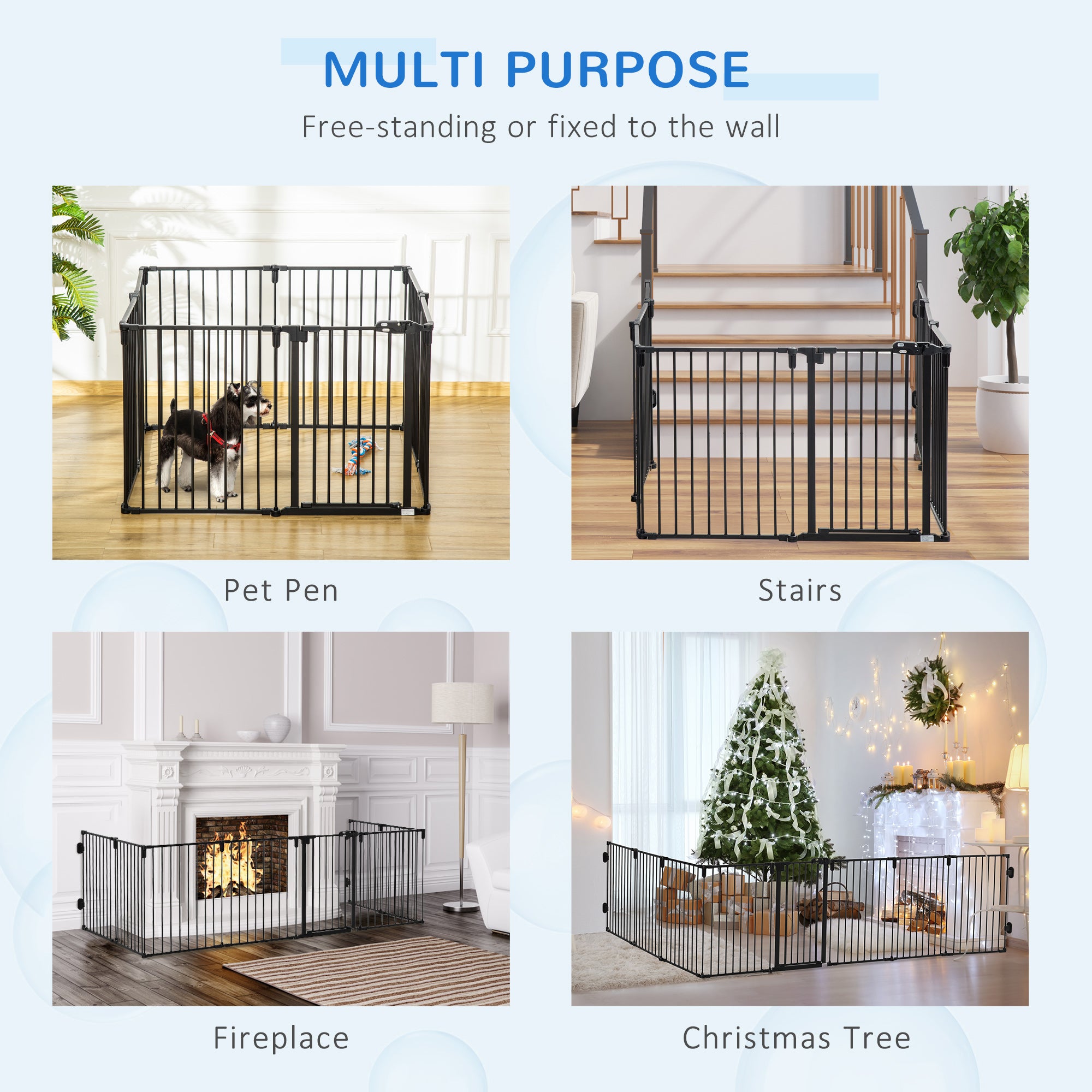 PawHut Dog Safety Gate 8-Panel Playpen Fireplace Christmas Tree Steel Fence Stair Barrier Room Divider Black