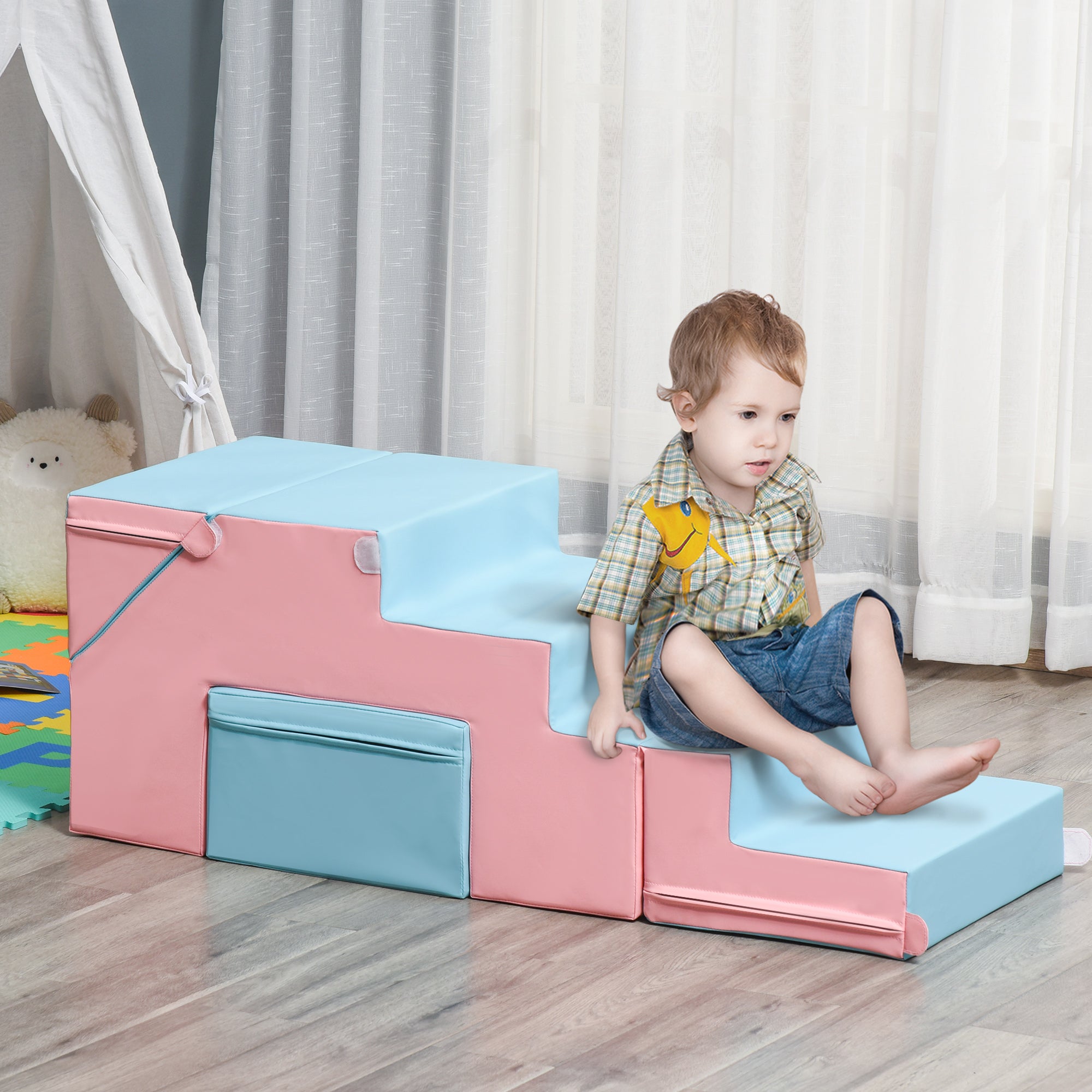 Qaba Kids Crawl and Climb Foam Play Set Toddler Nugget 2-Piece Interactive Set for Climbing, Crawling, Sliding Play Zone for Baby Preschooler 1-3 Years, Light Blue