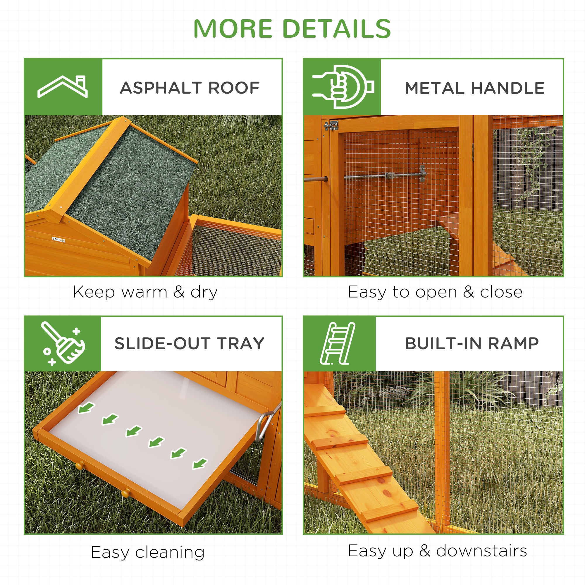 PawHut 117" Extra Large Chicken Coop with Asphalt Roof, Wooden Hen House with Slide-out Tray, Quail Hutch with Nesting Box, Orange