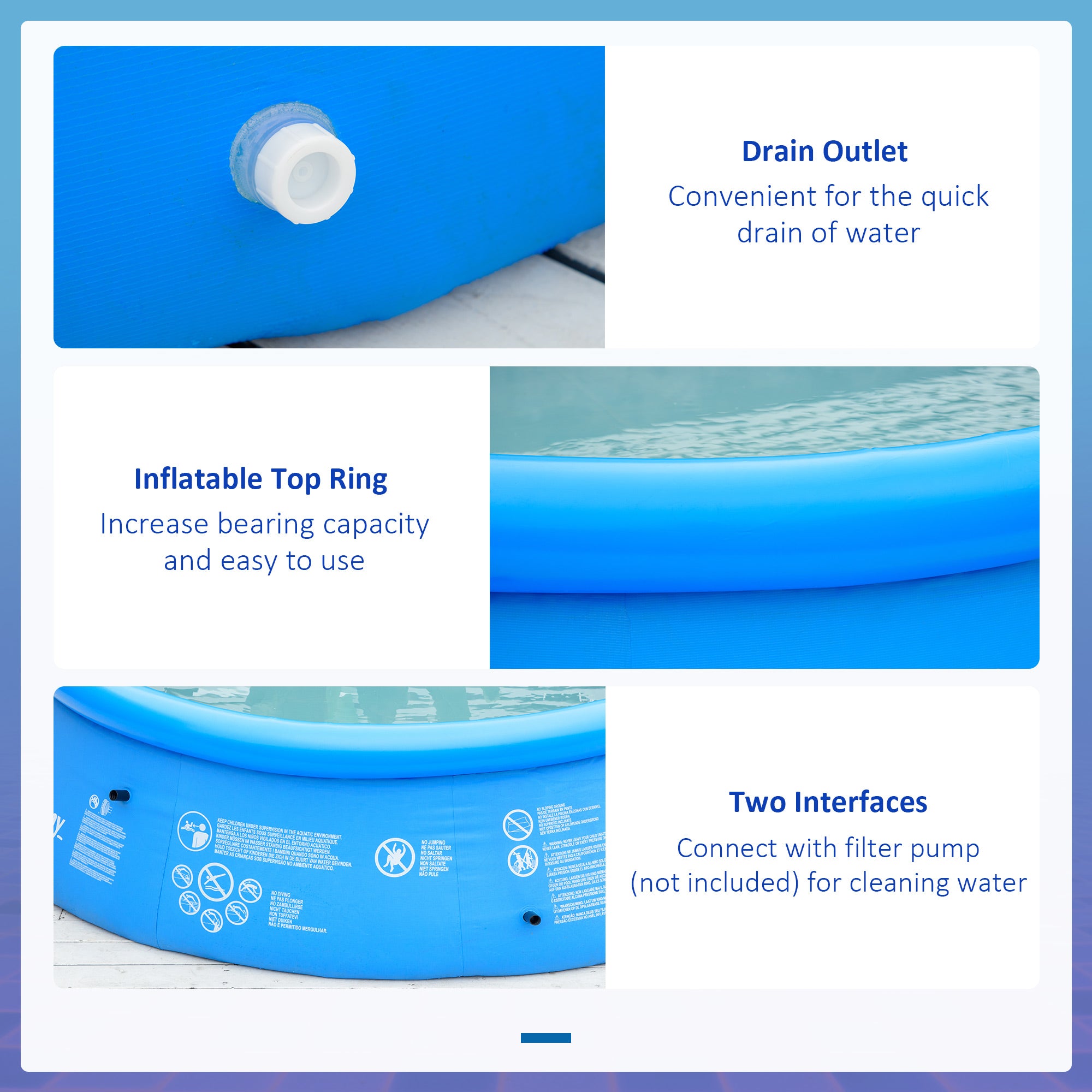 Outsunny Inflatable Swimming Pool Family-Sized Blow Up Pool Round Paddling Pool with Hand Pump for Kids, Adults, Outdoor, Garden and Backyard, 107" x 30", Blue
