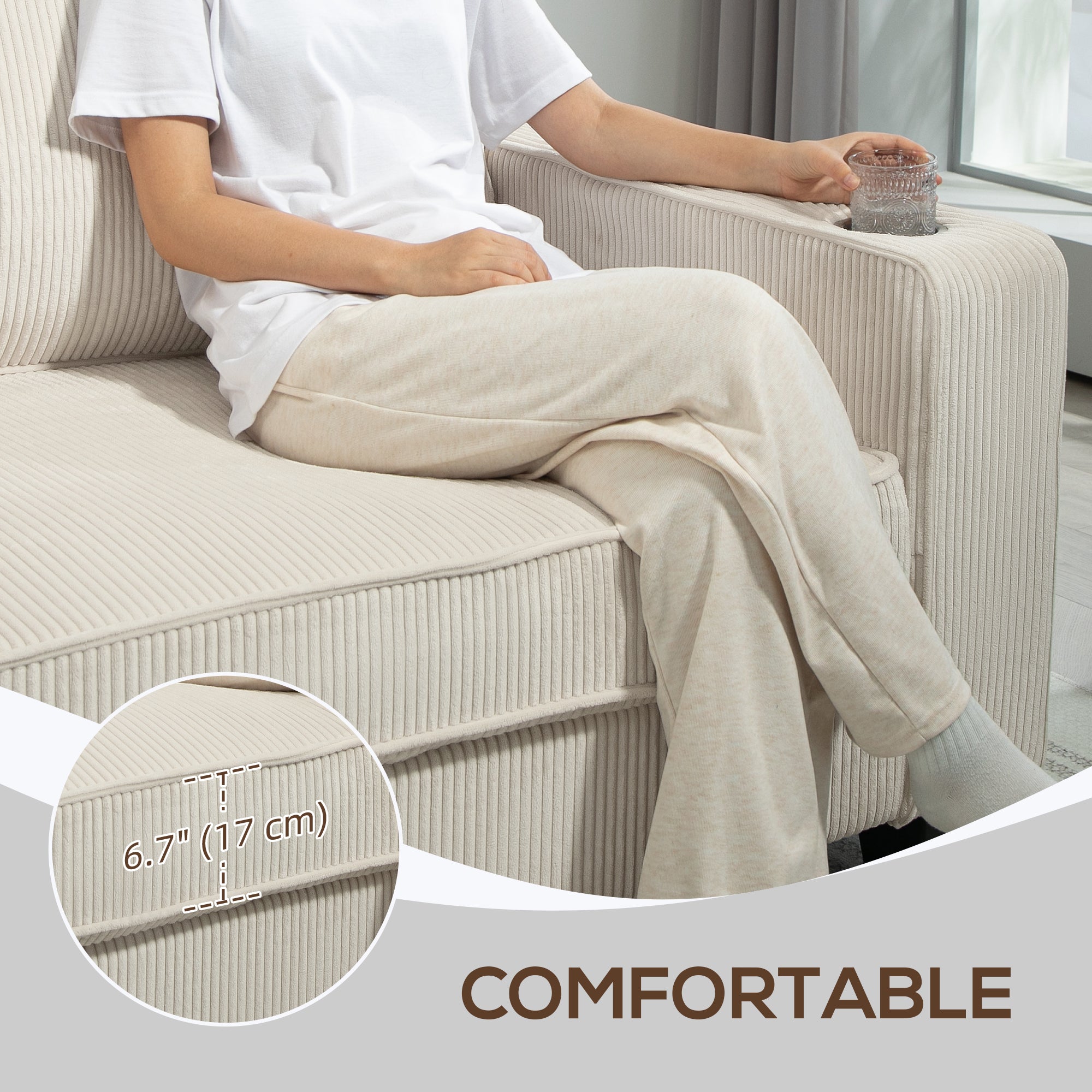 HOMCOM Three Seater Sofa, Fabric 3 Seater Couch with Spring Cushion and Cup Holders for Living Room, Bedroom, Cream White
