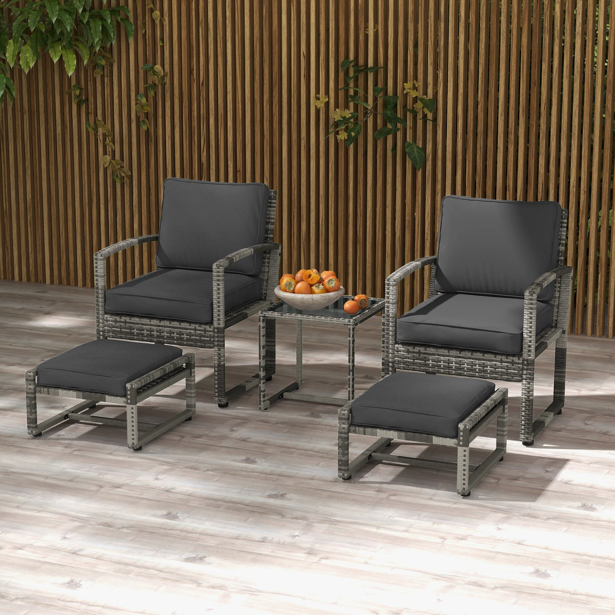 Outsunny 5 Pieces Patio Furniture Set with Armchair, Stool, Table, Cushions, Outdoor Wicker Conversation Sofa Set for Garden