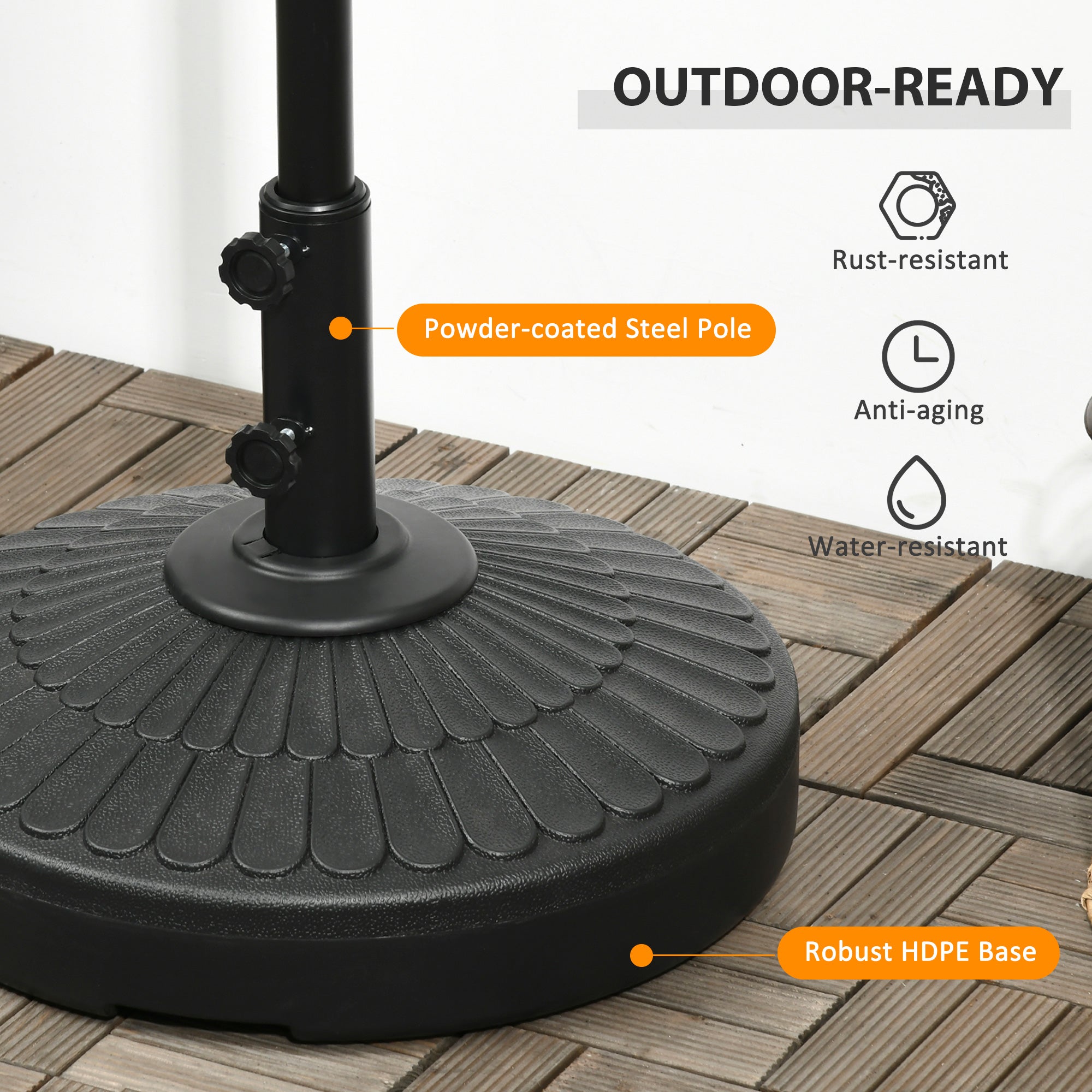 Outsunny Patio Umbrella Base with Handle, Heavy Duty Round Umbrella Stand, Garden Umbrella Holder for 1.5", 1.9" Poles, Black