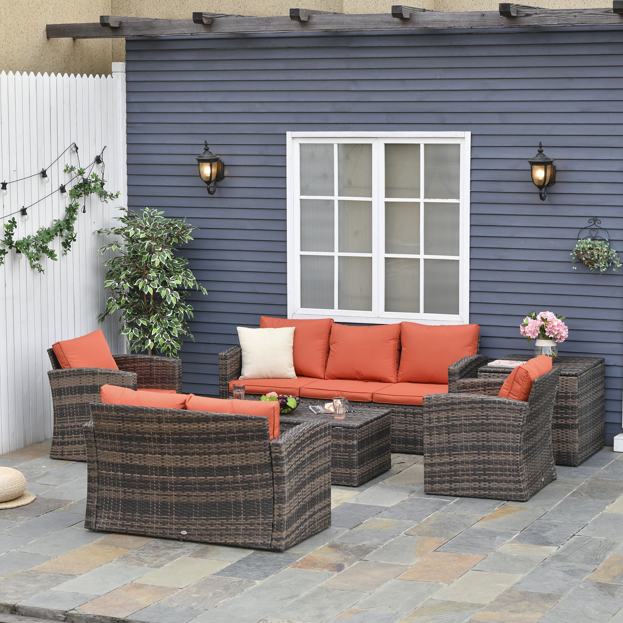Outsunny 6 Pieces Wicker Patio Furniture Set with Cushions, 7-Seater Rattan Patio Sofa Set with Storage Table, Orange