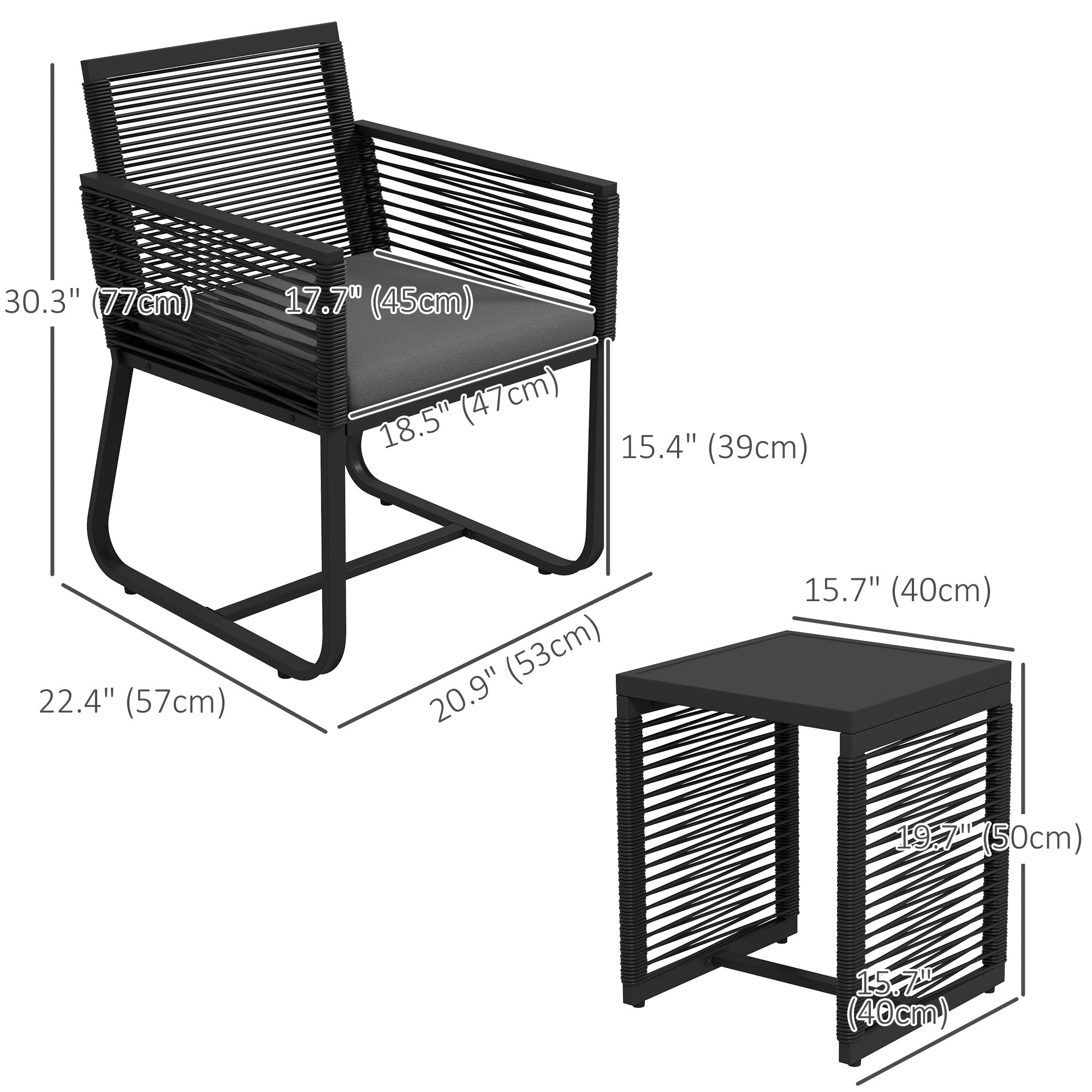 Outsunny 3 Pieces Patio Furniture Outdoor PE Rattan Bistro Set w/ Seat Cushions Tempered Glass Table for Garden Backyard, Black