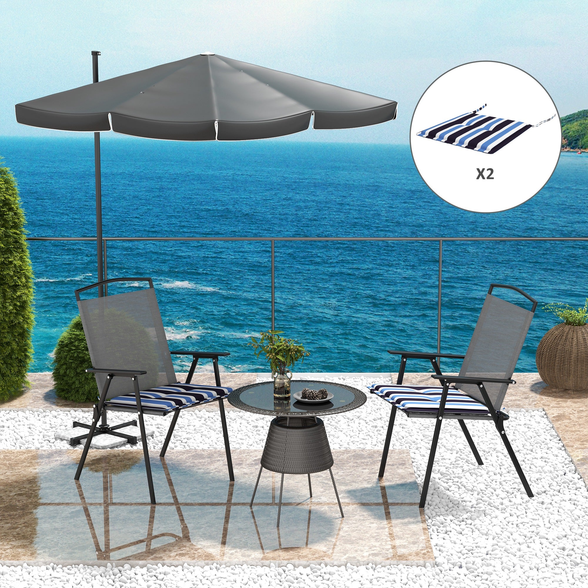 Outsunny 2-Piece Seat Cushion Replacement, Outdoor Patio Chair Cushions Set with Ties, Button Tufted, Blue White Strip