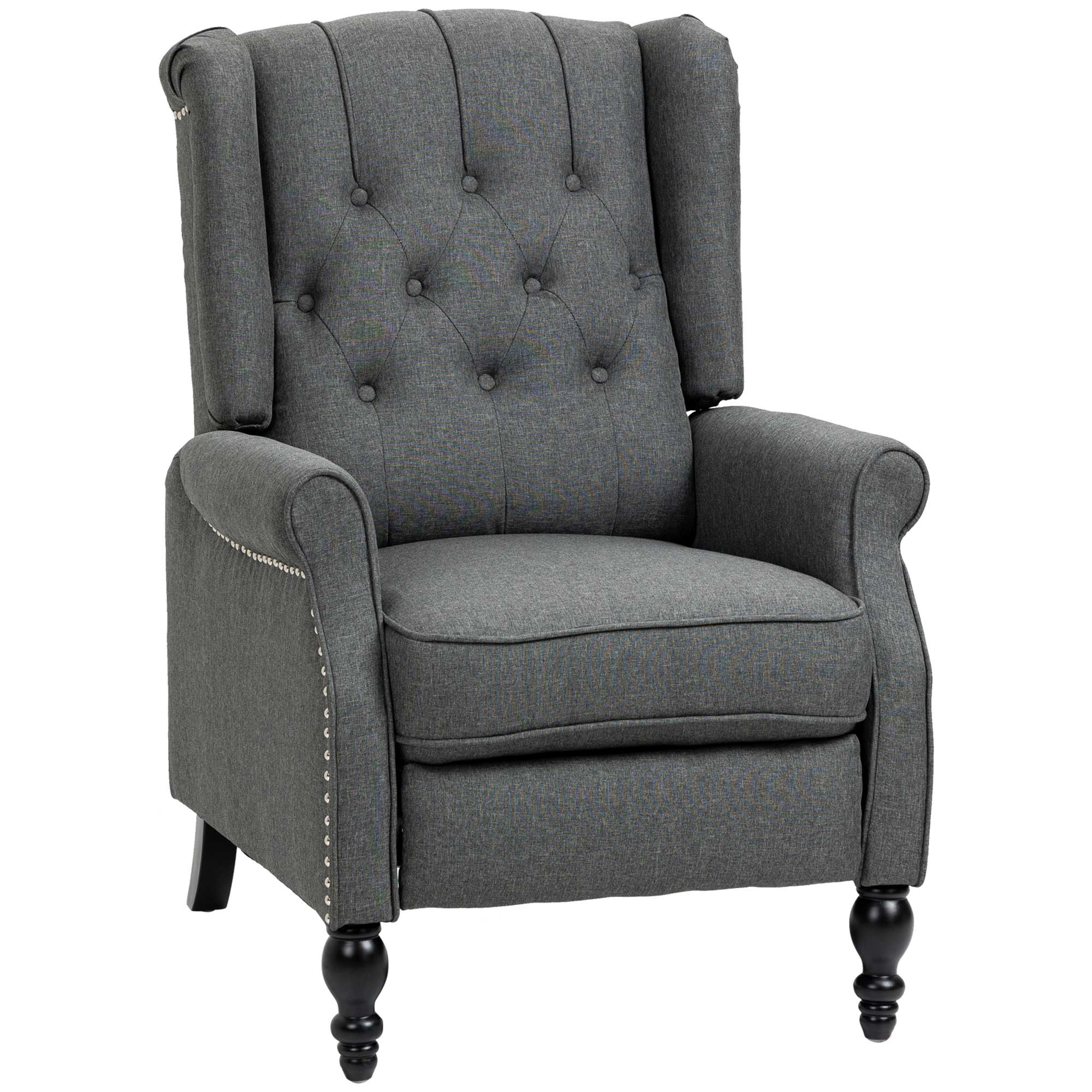 HOMCOM Wingback Reclining Chair with Footrest, Button Tufted Recliner Chair with Rolled Armrests for Living Room, Dark Grey
