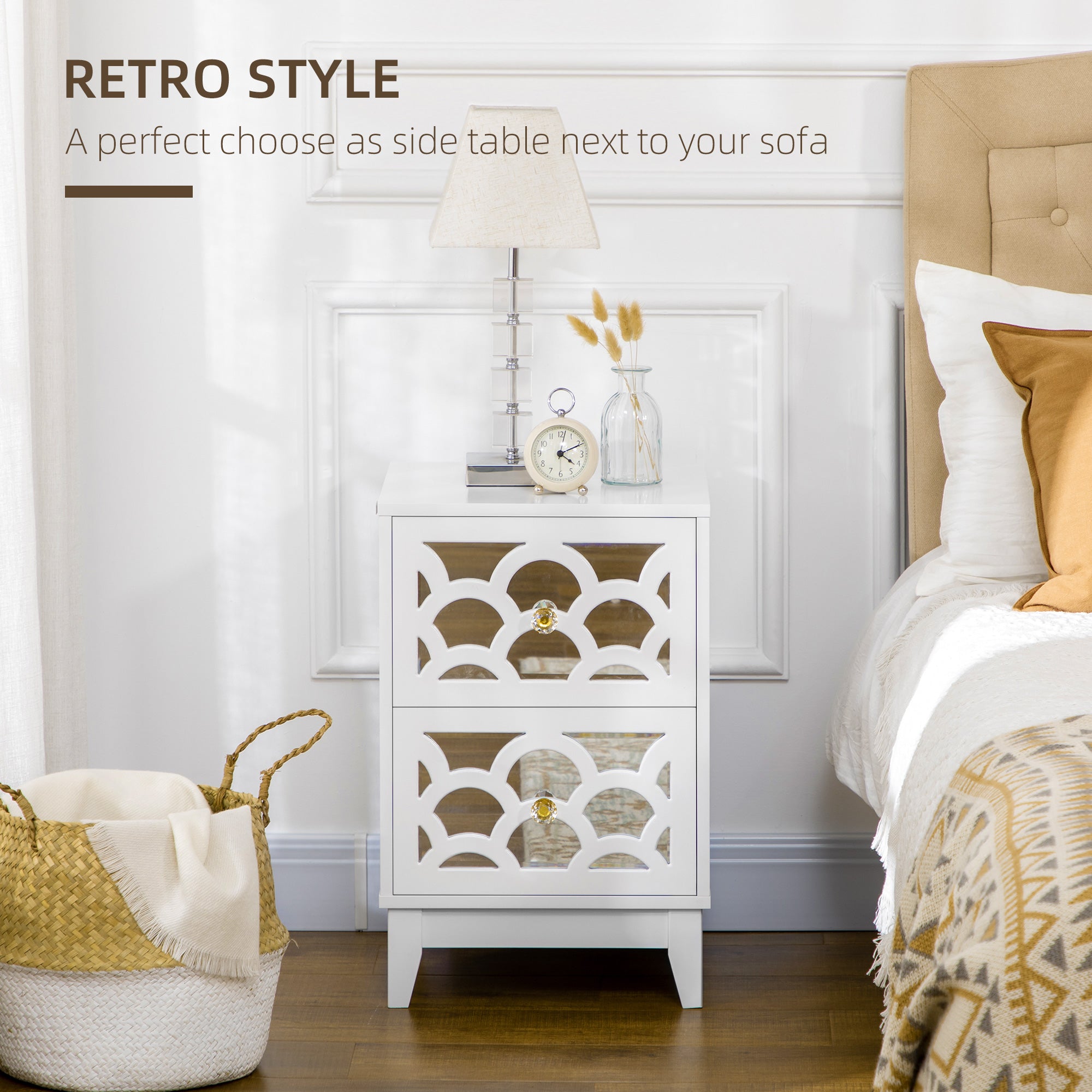 HOMCOM Modern Bedside Table, Side End Table with Drawers and Front Mirror, 15.4"x14.4"x23.6", White