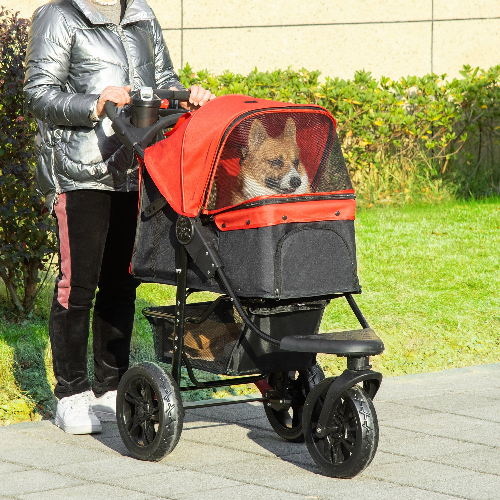 PawHut 3 Wheel Folding Dog Stroller, Jogger Travel Carrier with Adjustable Canopy, Storage Brake, Mesh Window for S&M Dogs, Red