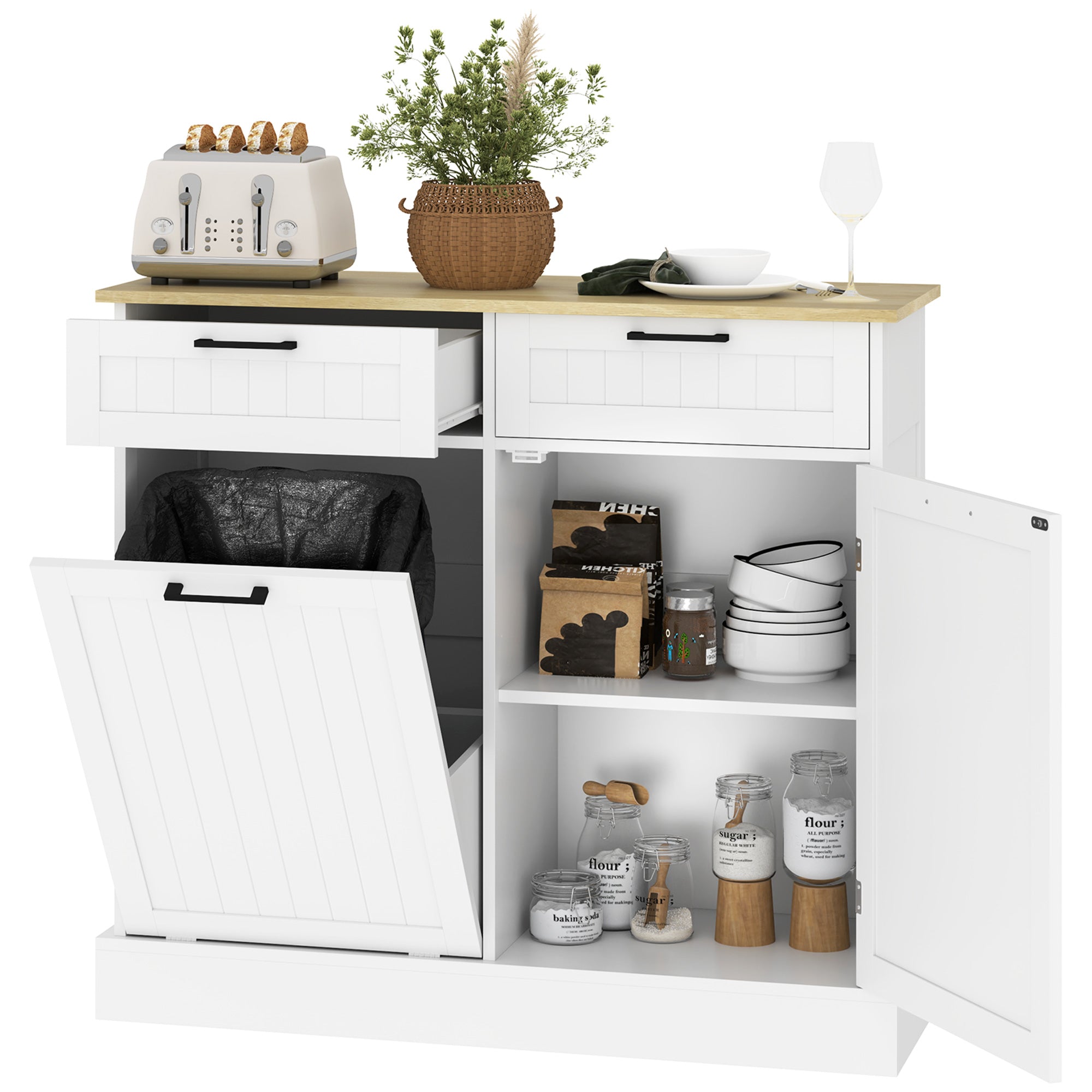 HOMCOM 10 Gallon Hidden Garbage Bin Cabinet, Tilt Out Trash Cabinet w/ 2 Drawers, Freestanding Kitchen Island, White