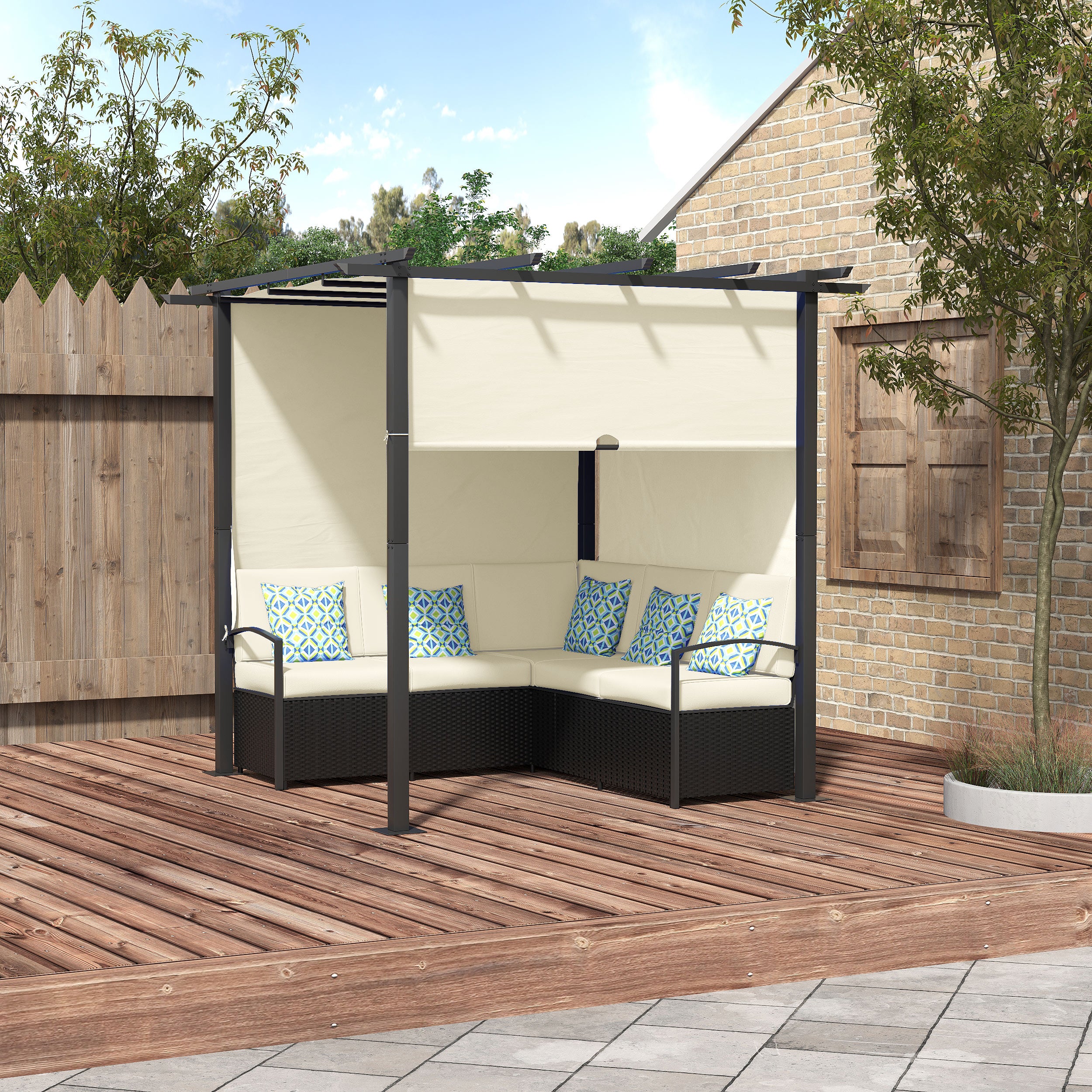 Outsunny Outdoor Rattan Wicker Patio Furniture Sofa Set with Retractable Canopy Pergola for Deck, Pool, Garden, Beige