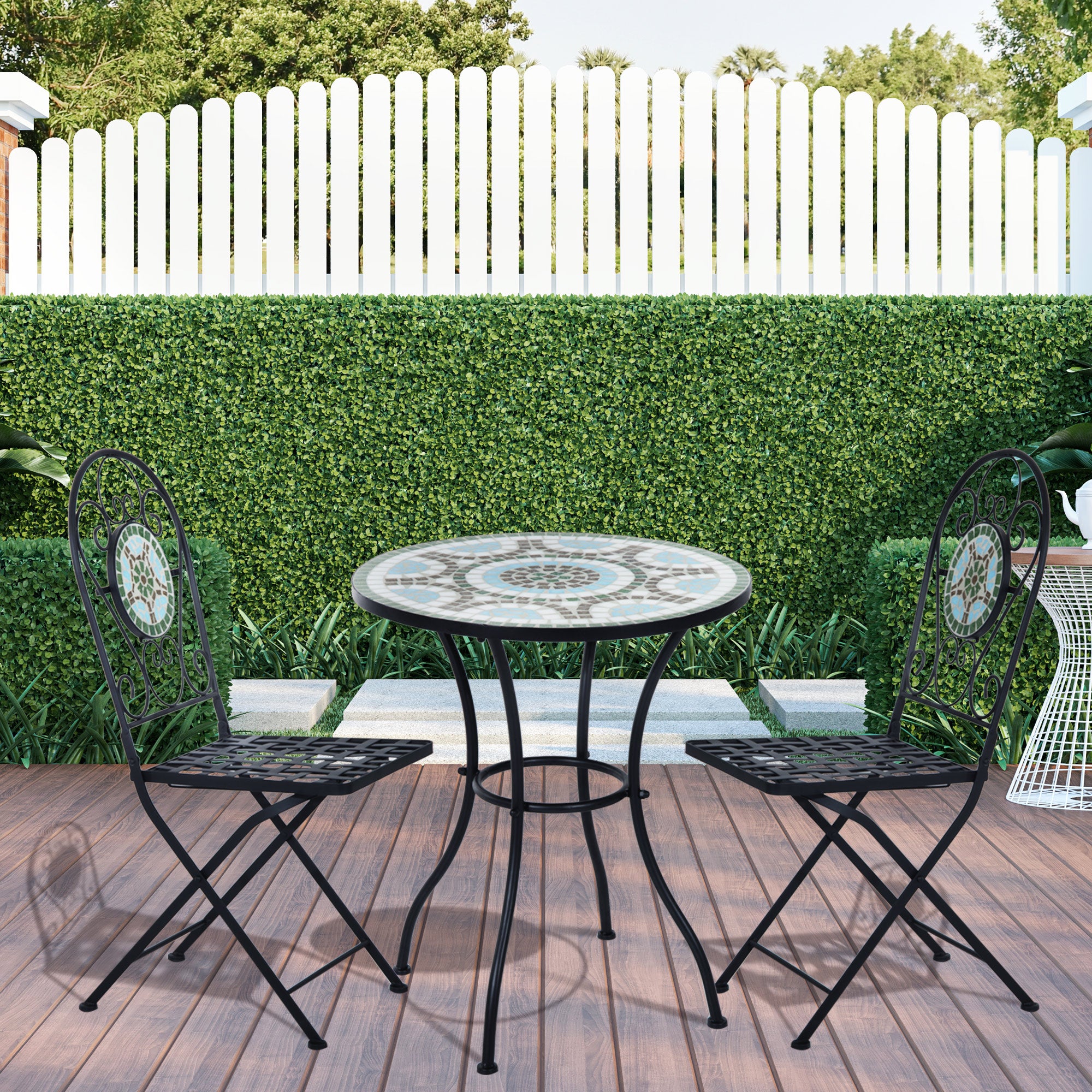Outsunny 3 Piece Patio Bistro Set with Mosaic Design, Outdoor Dining Furniture Set for 2 with Folding Chairs, Green