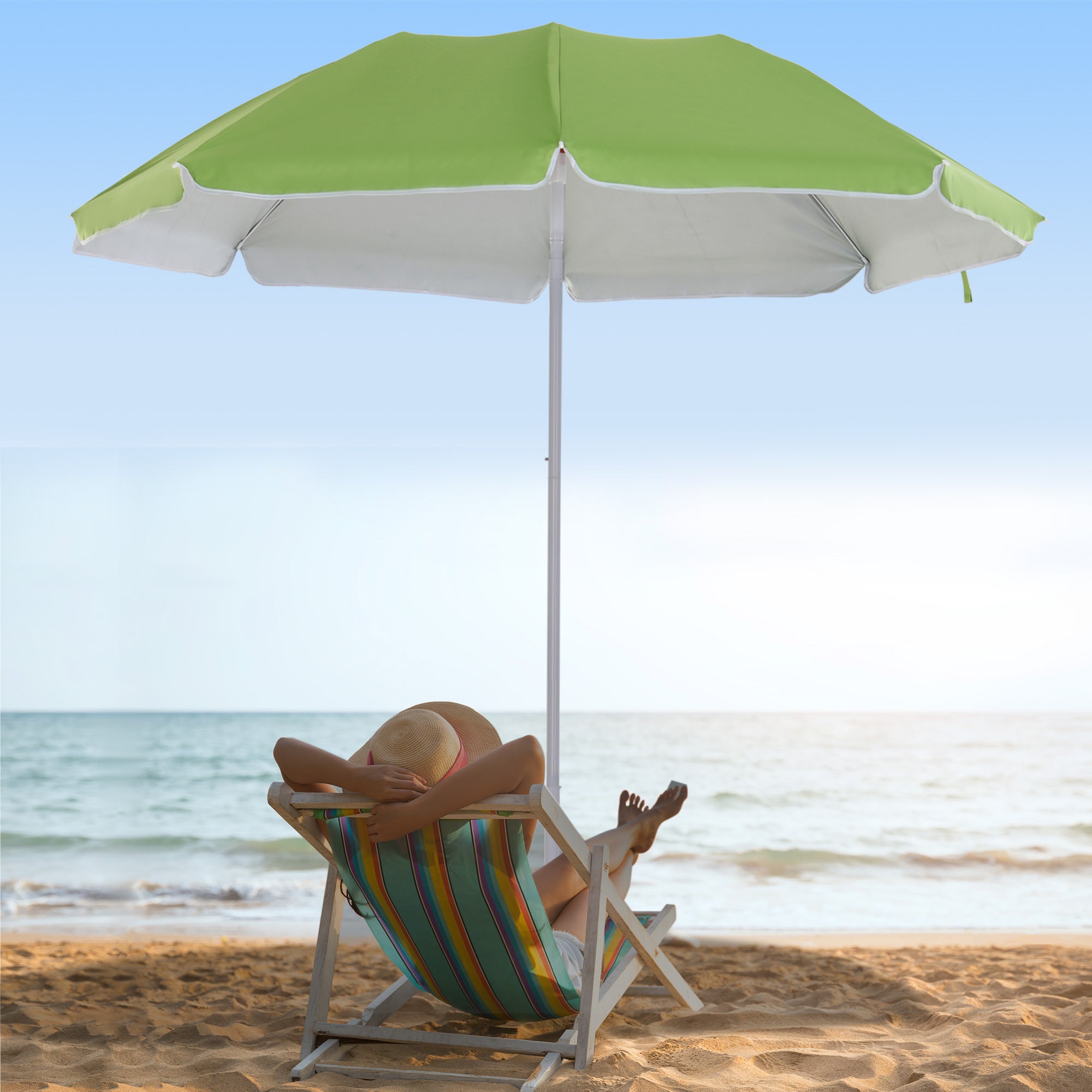Outsunny 6.7ft Beach Umbrella with Push Button Tilt, Ruffled Outdoor Umbrella with Carry Bag and 8 Ribs, Green