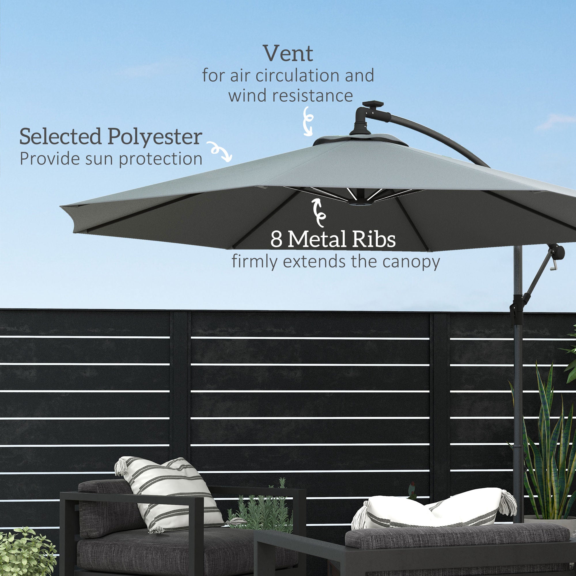 Outsunny 10ft Outdoor Cantilever Hanging Offset Umbrella with Solar LED Lights, Crank, Cross Base, Aluminum Frame, Grey