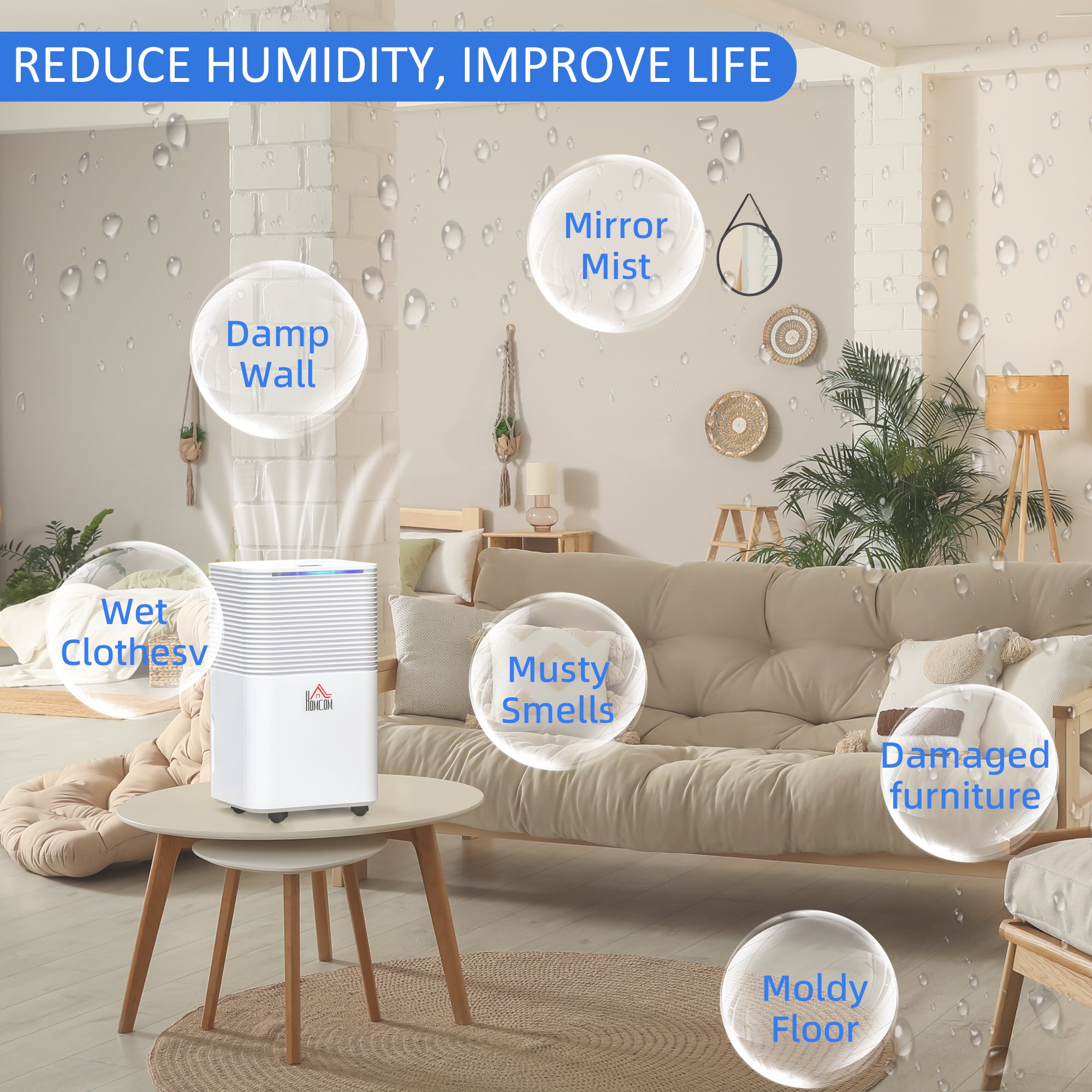 HOMCOM 1500 sq.Ft Portable Quiet Dehumidifier for Home Laundry Room Bedroom Basement, 25pt Electric Moisture Air De-Humidifier with 3 Modes