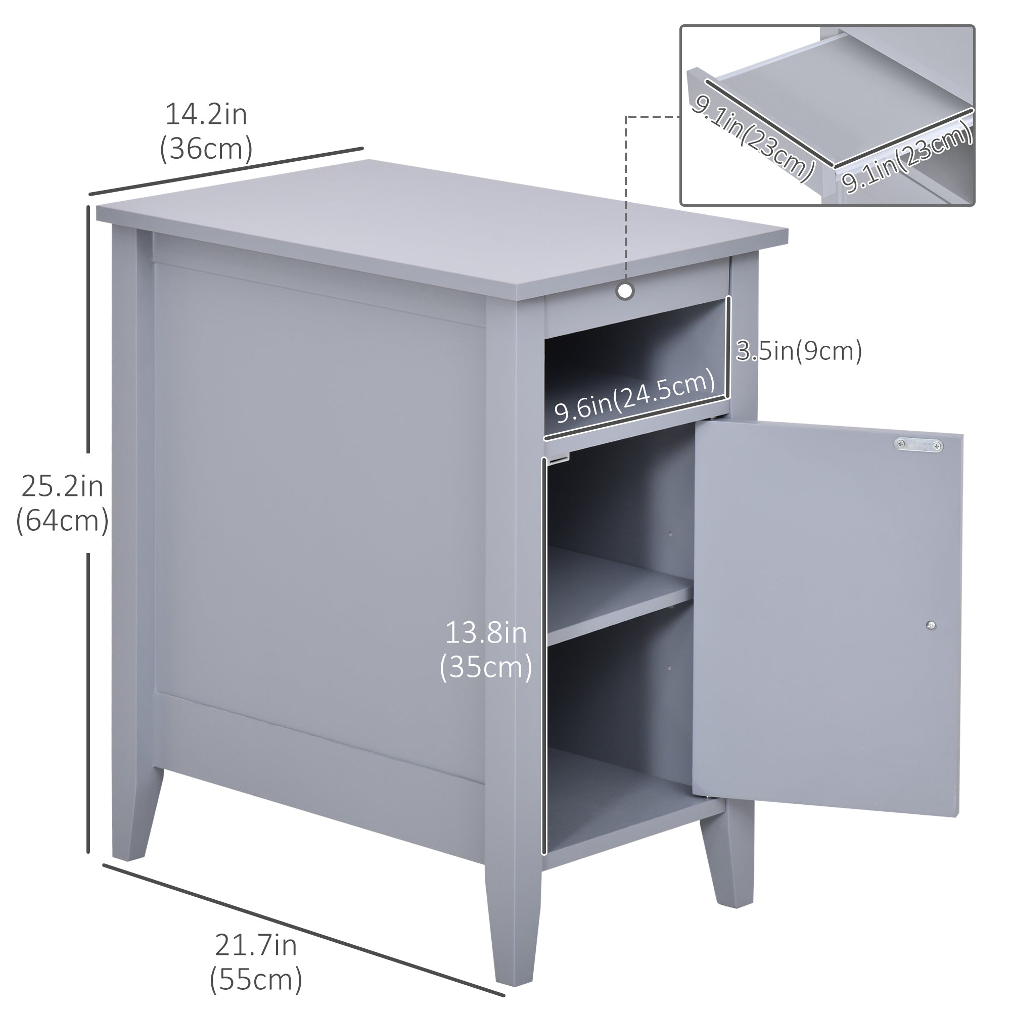 HOMCOM Wooden3-Tier Modern Nightstand with Pullout Shelf, Adjustable Open Shelf, and Door Cabinet, Grey