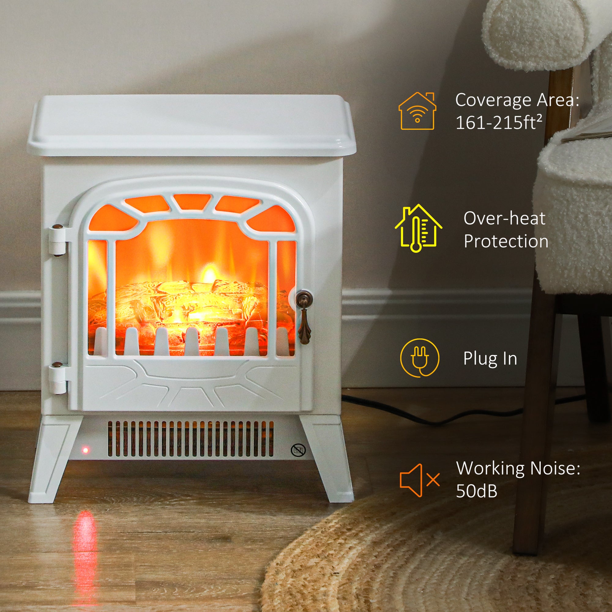 HOMCOM Freestanding Electric Fireplace Stove Heater with Overheat Protection and Realistic Flame Effect, 750W/1500W, White