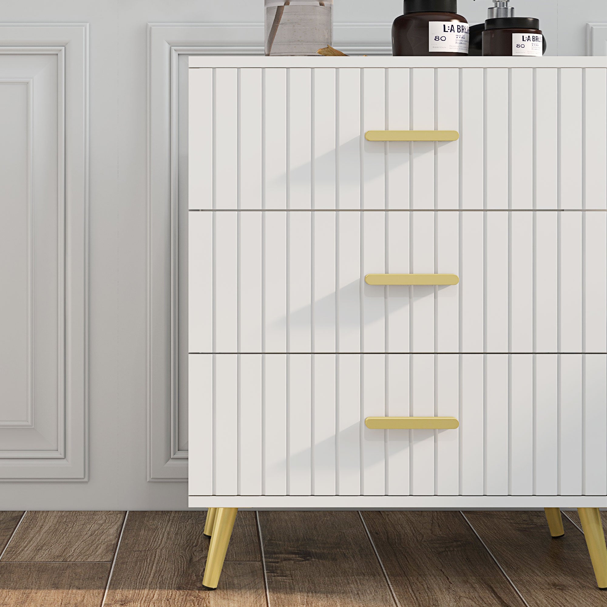 HOMCOM 3 Drawer Cabinet, Drawer Chest for Bedroom, Chest of Drawers with Aluminium Legs and Gold Handles, White