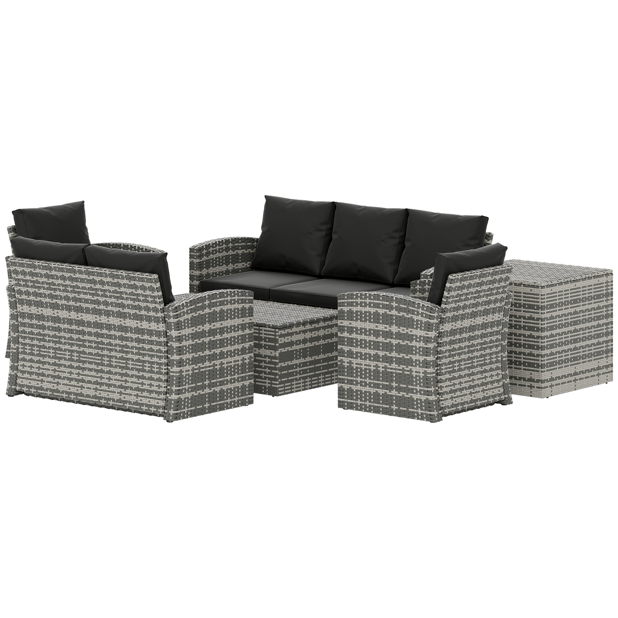Outsunny 6 Pieces Wicker Patio Furniture Set with Cushions, 7-Seater Rattan Patio Sofa Set with Storage Coffee Table & Side Table, Sectional Outdoor Furniture Set, Black